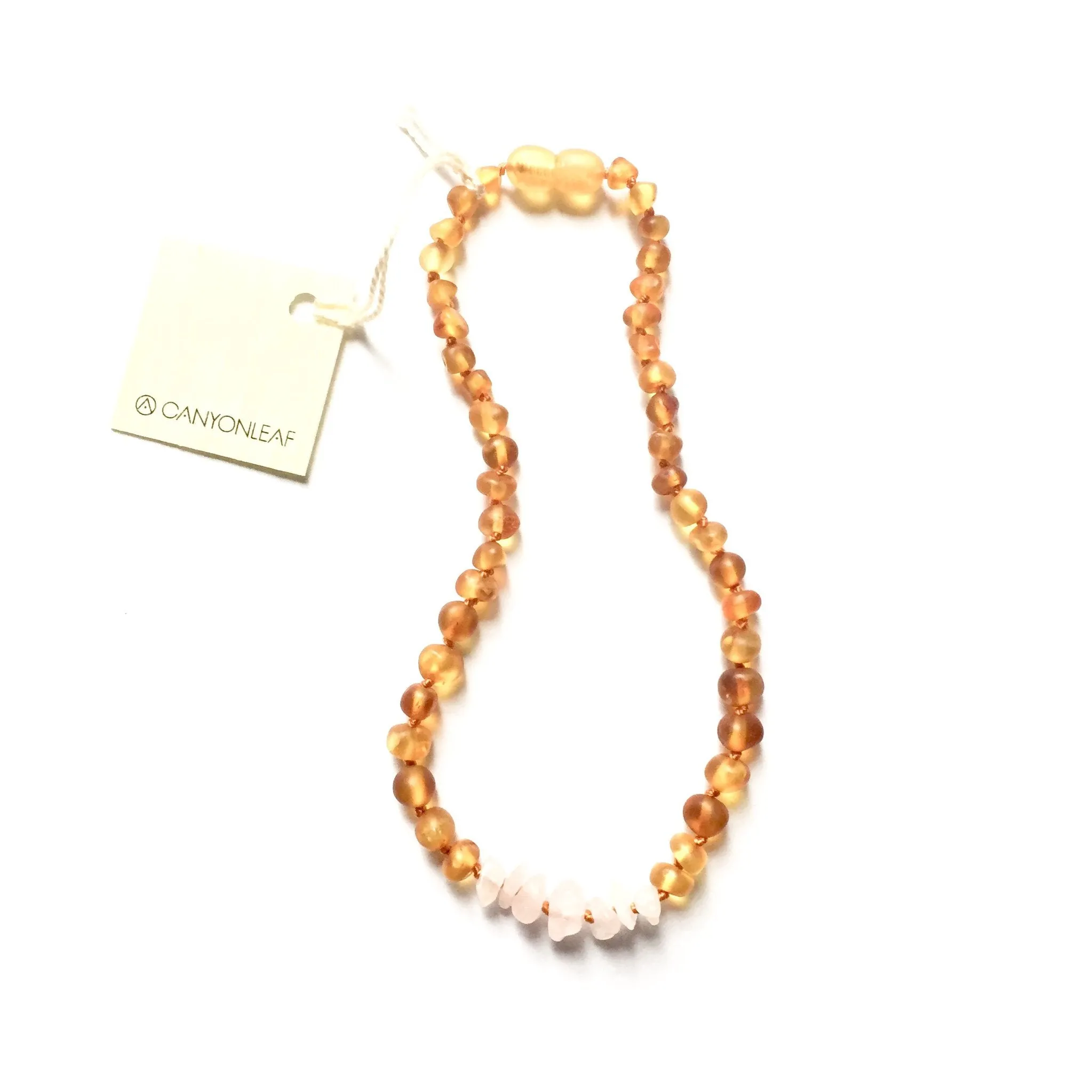 Canyon Leaf Baltic Amber   Rose Quartz Necklace (Children's Sizes)
