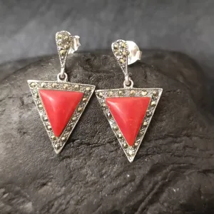 Coral Marcasite Silver Earrings