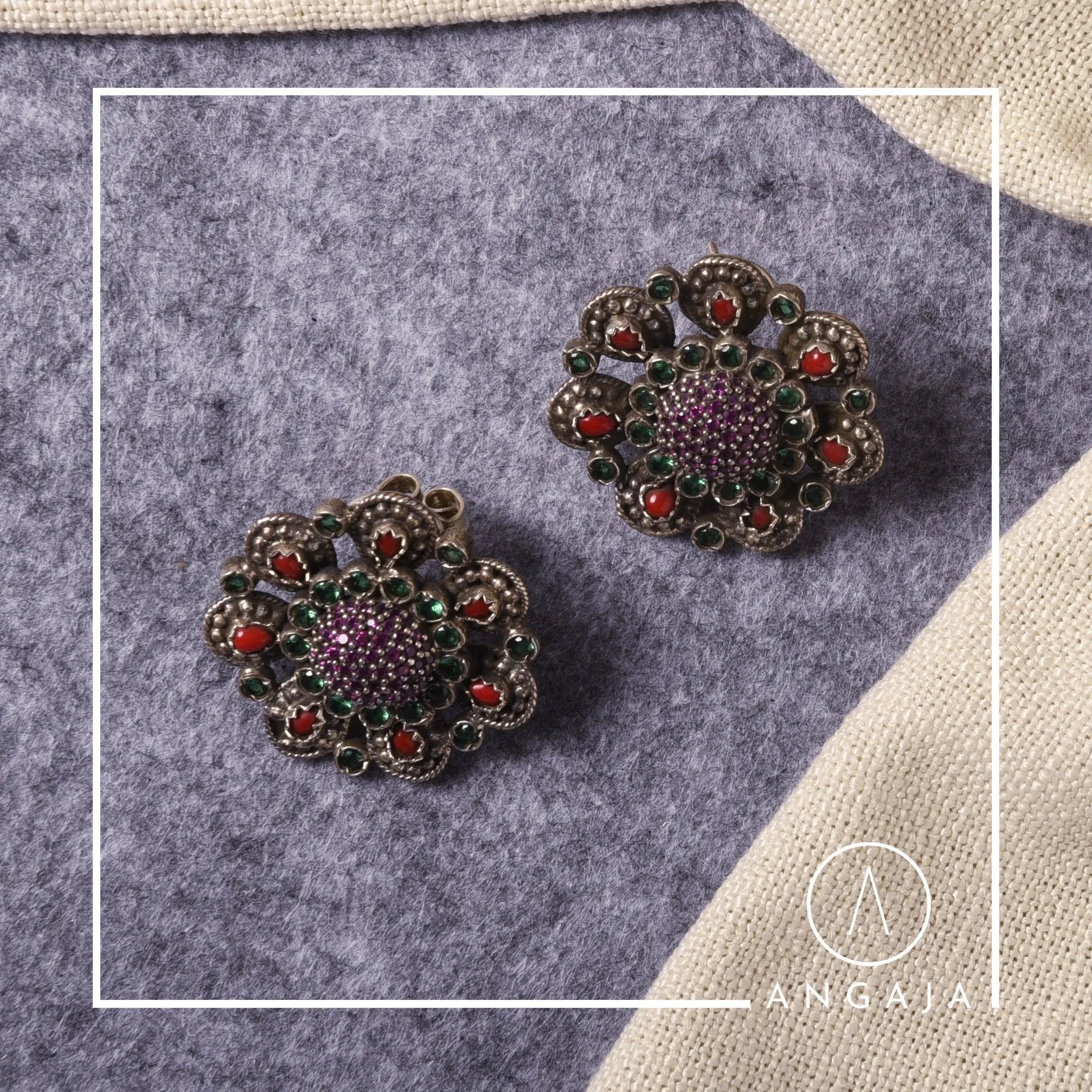Coral Onyx Silver Studs