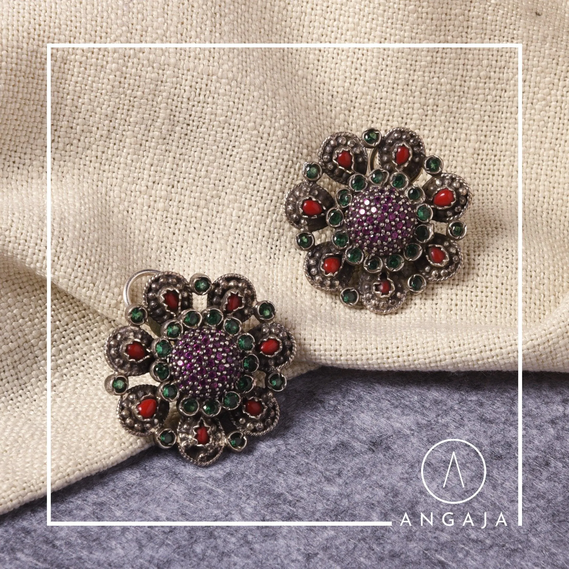 Coral Onyx Silver Studs