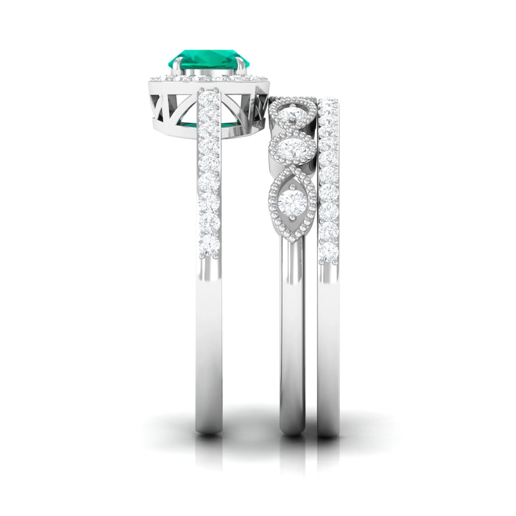 Cushion Cut Emerald Stackable Ring Set with Moissanite