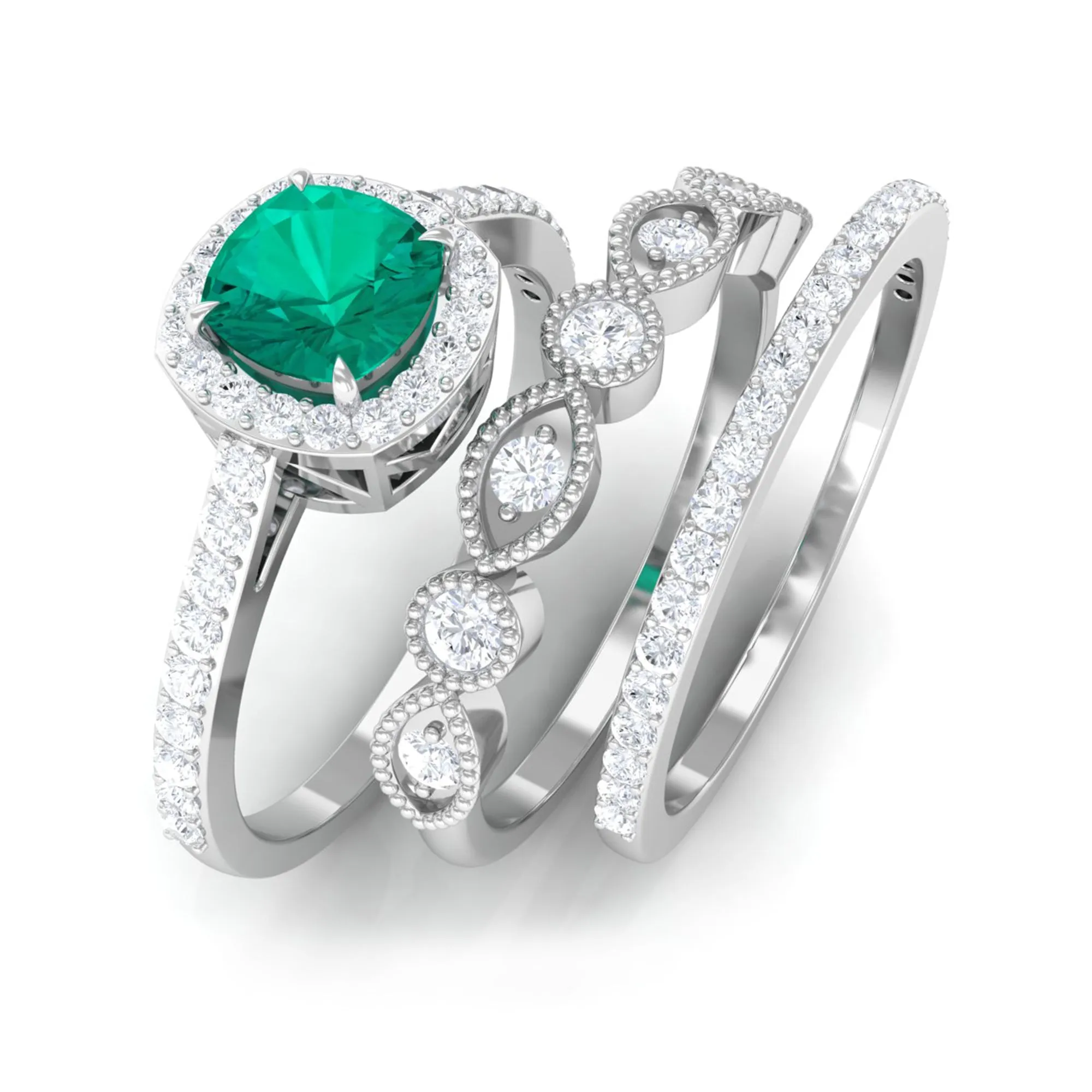 Cushion Cut Emerald Stackable Ring Set with Moissanite