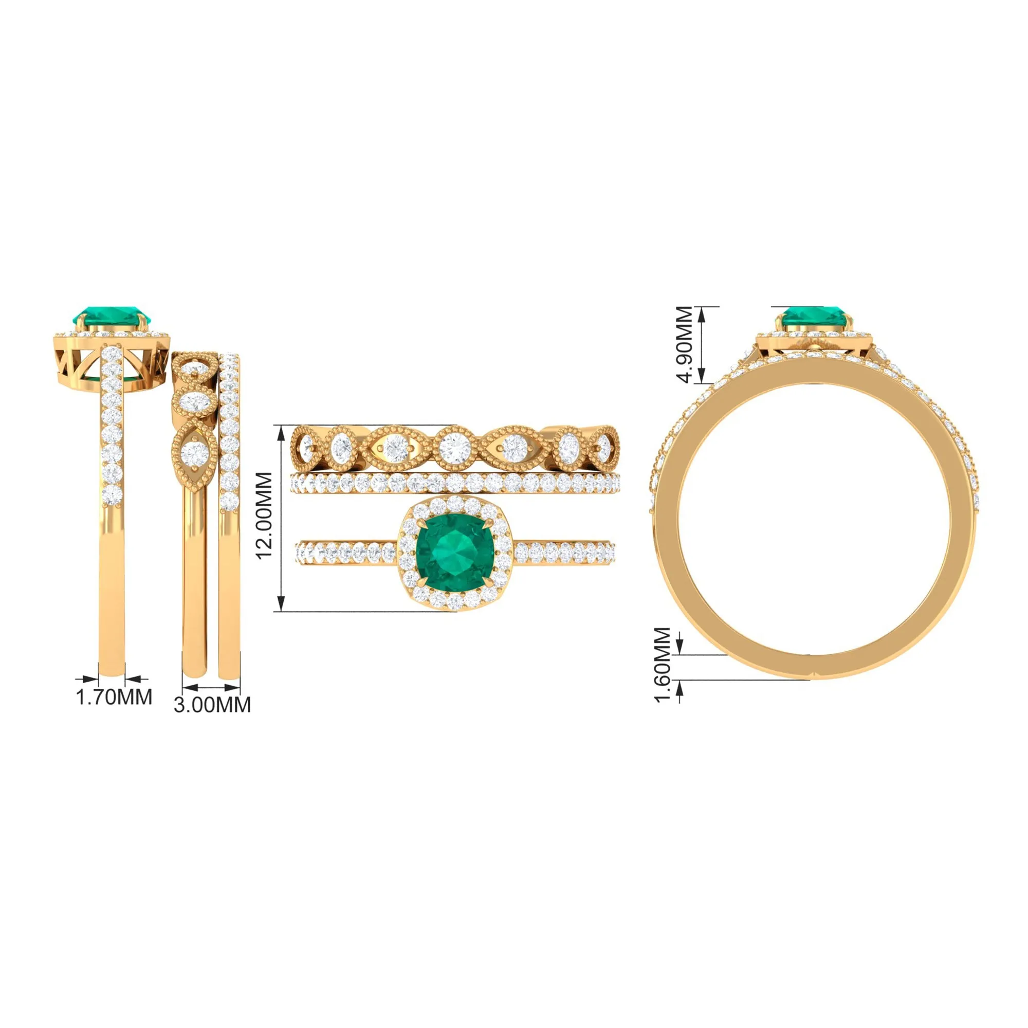 Cushion Cut Emerald Stackable Ring Set with Moissanite