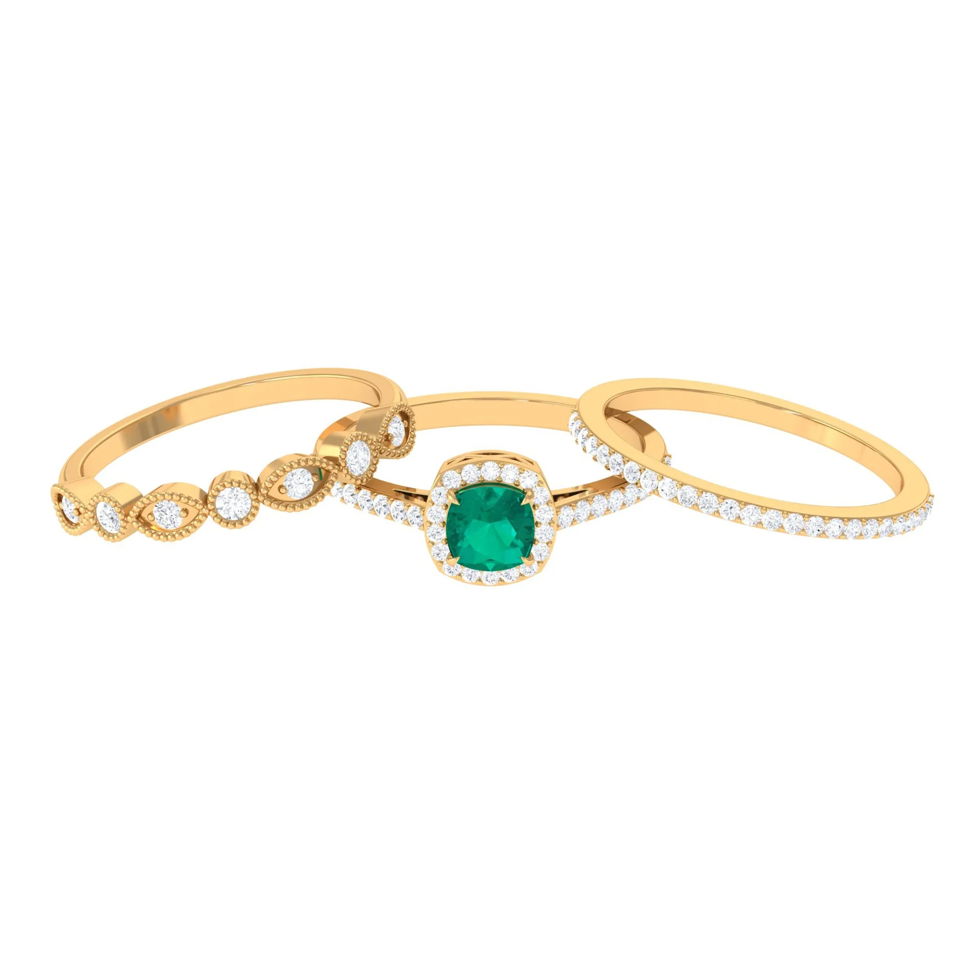 Cushion Cut Emerald Stackable Ring Set with Moissanite