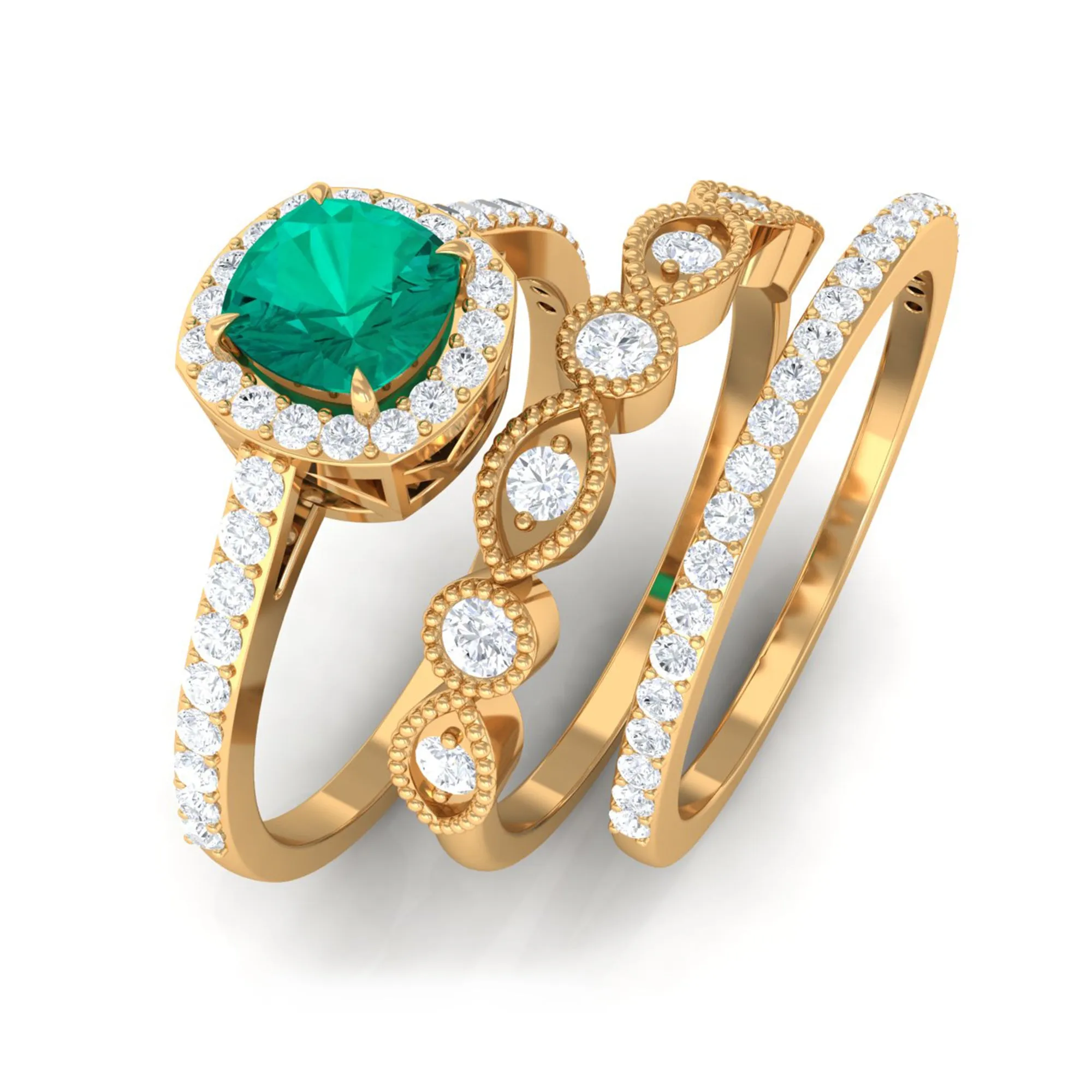 Cushion Cut Emerald Stackable Ring Set with Moissanite
