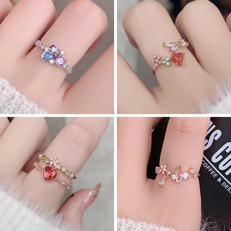 Dazzling Set of Micro-Inlaid Flower Zircon Rings