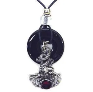 Dragon & Stone Adjustable Cord Necklace with Onyx Colored Disc
