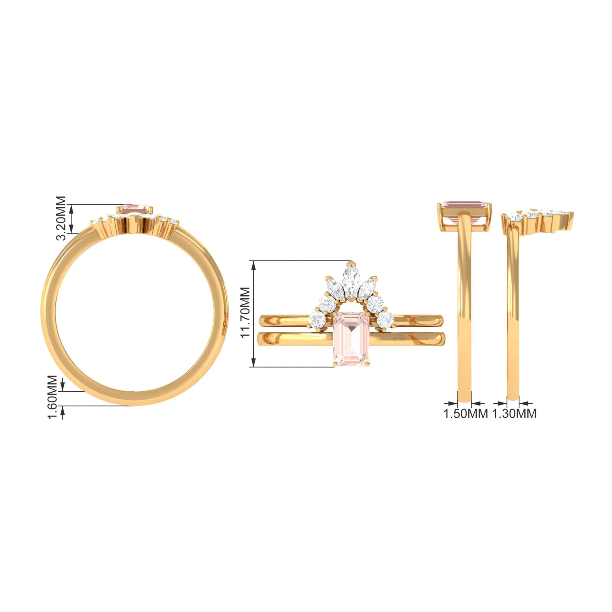 Emerald Cut Morganite Wedding Ring Set with Diamond