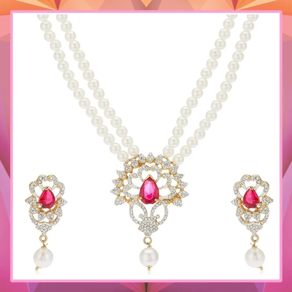 Estele Gold Plated Charming Pearls Necklace Set with Ruby Stones for Women