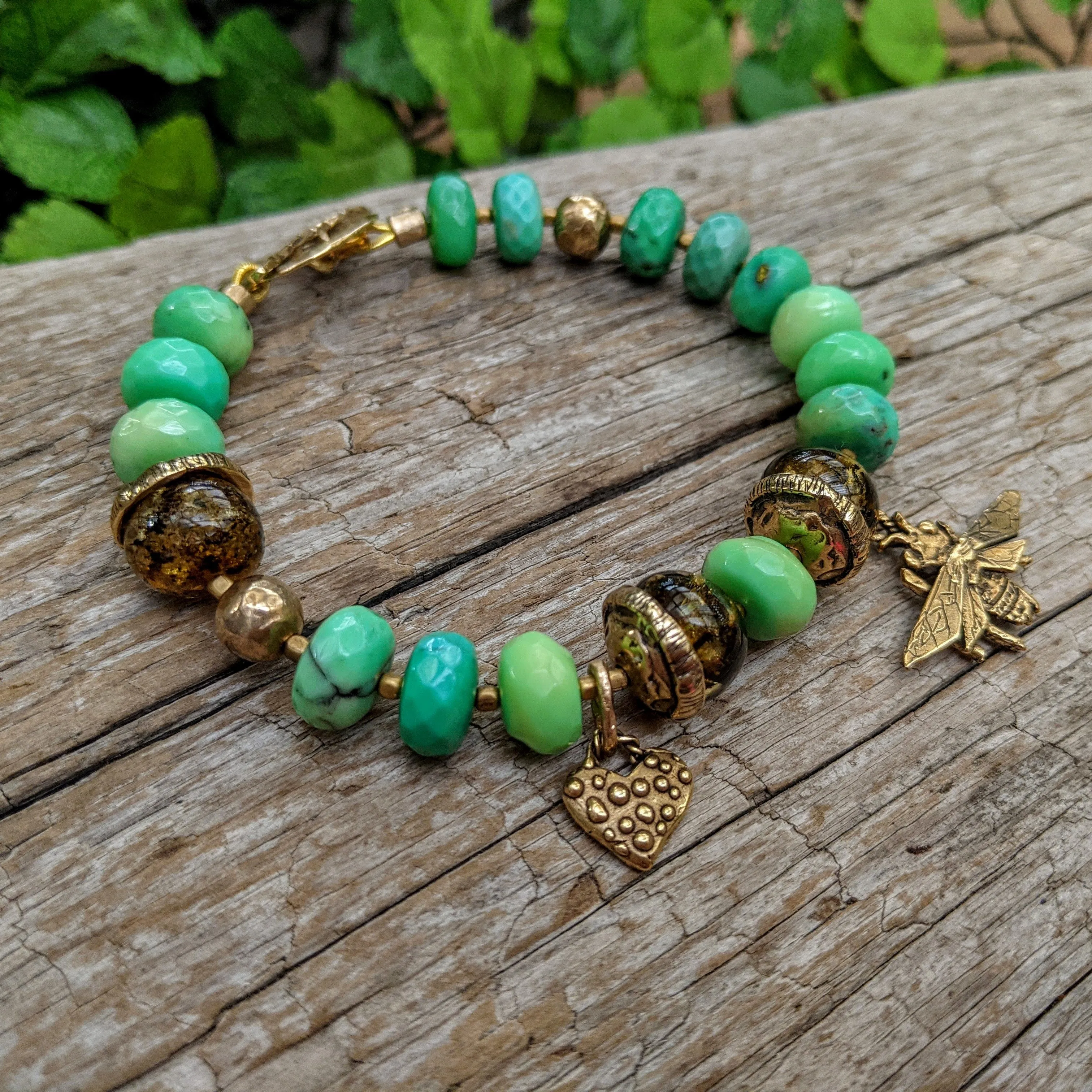 Forest Green Chrysoprase & Baltic Amber Bee Bracelet