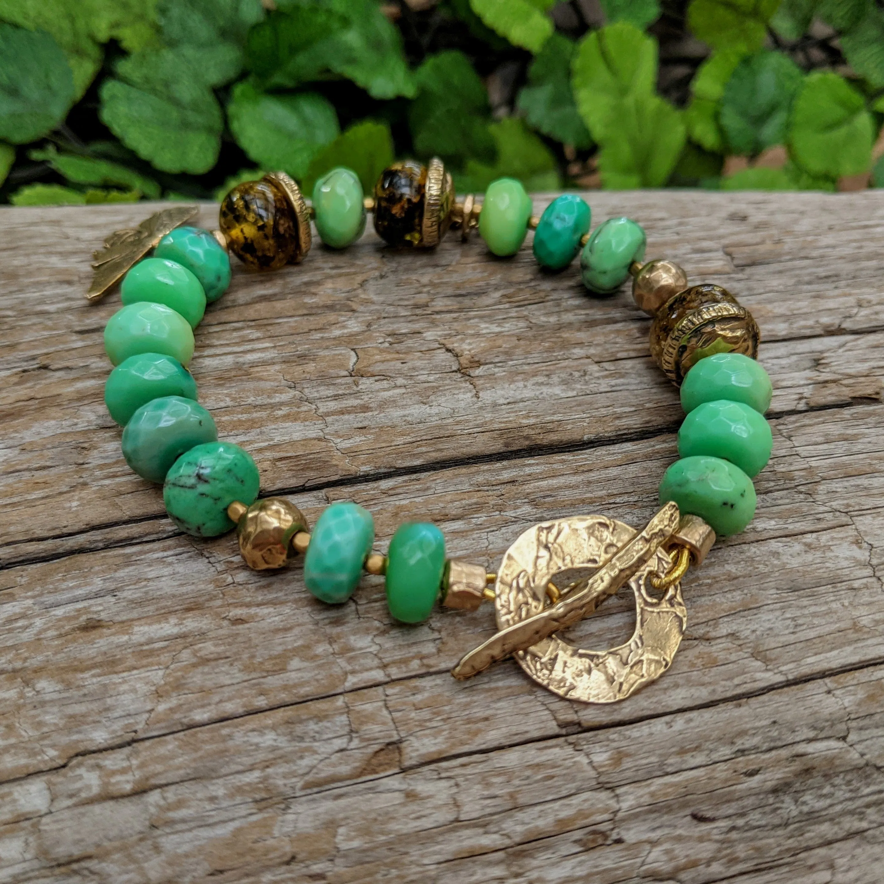 Forest Green Chrysoprase & Baltic Amber Bee Bracelet