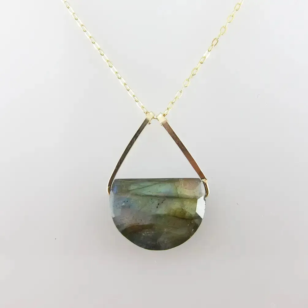 Forged Triangle Bail Necklace with Half-Moon Cut Gemstone, 9 Stone Options