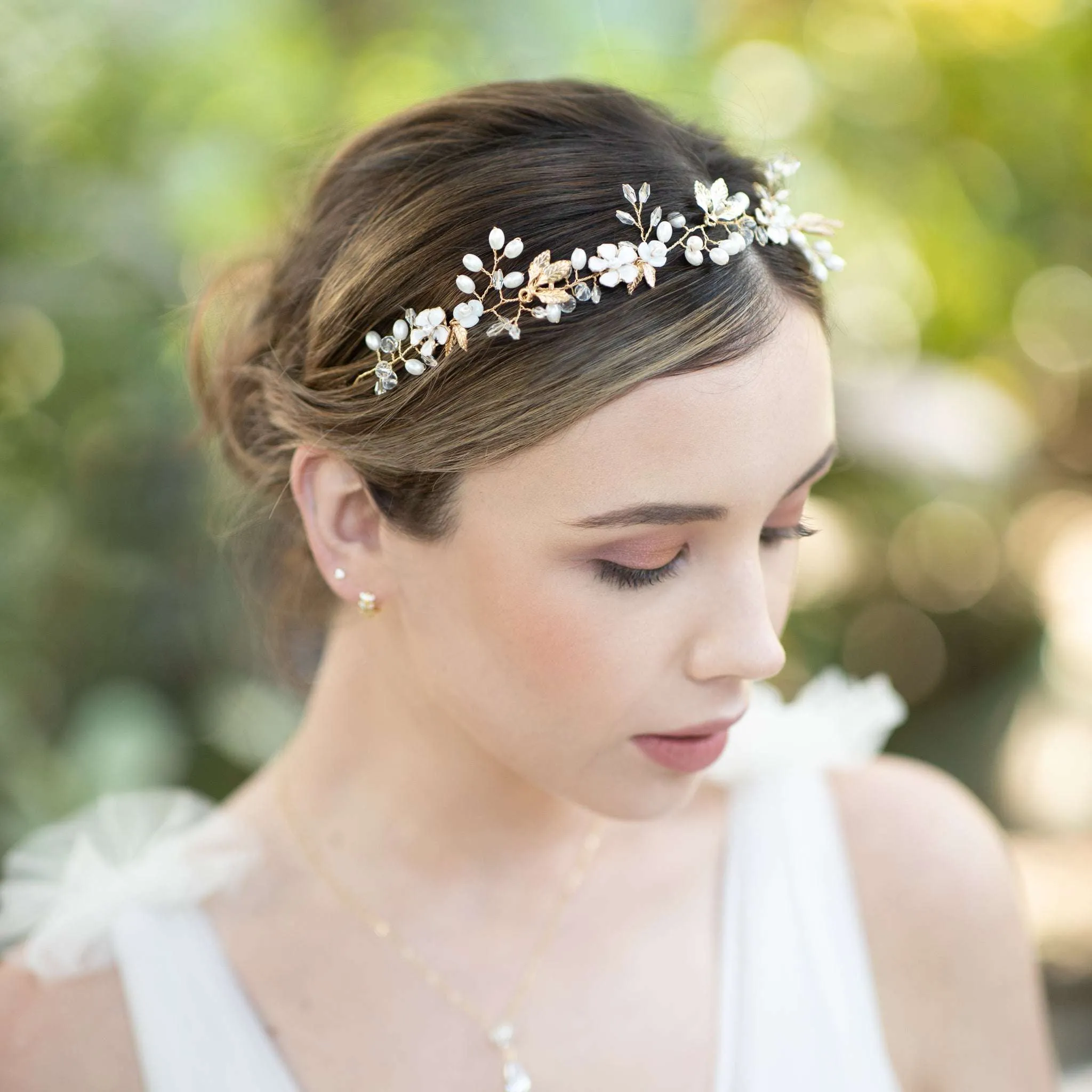 Freja, Floral Pearl Golden Leaf Hair Vine