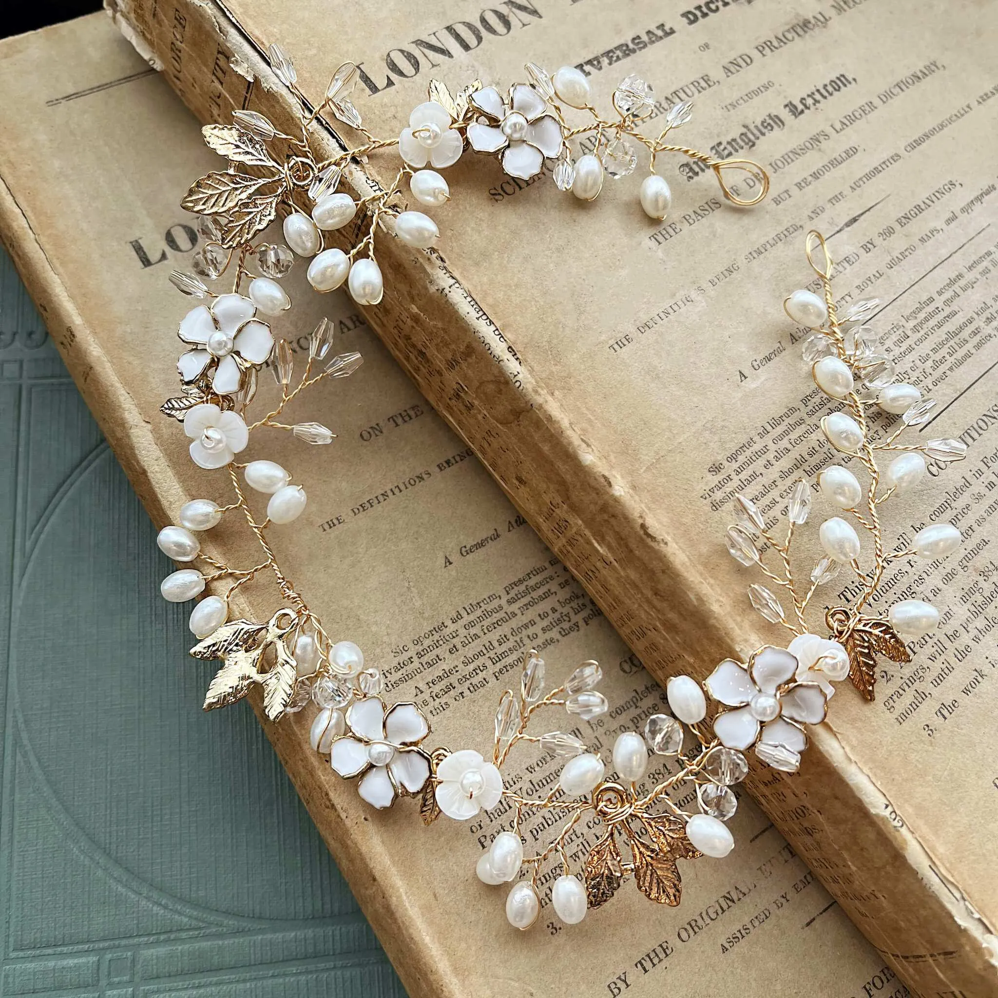 Freja, Floral Pearl Golden Leaf Hair Vine