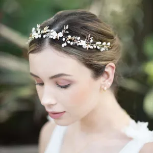Freja, Floral Pearl Golden Leaf Hair Vine