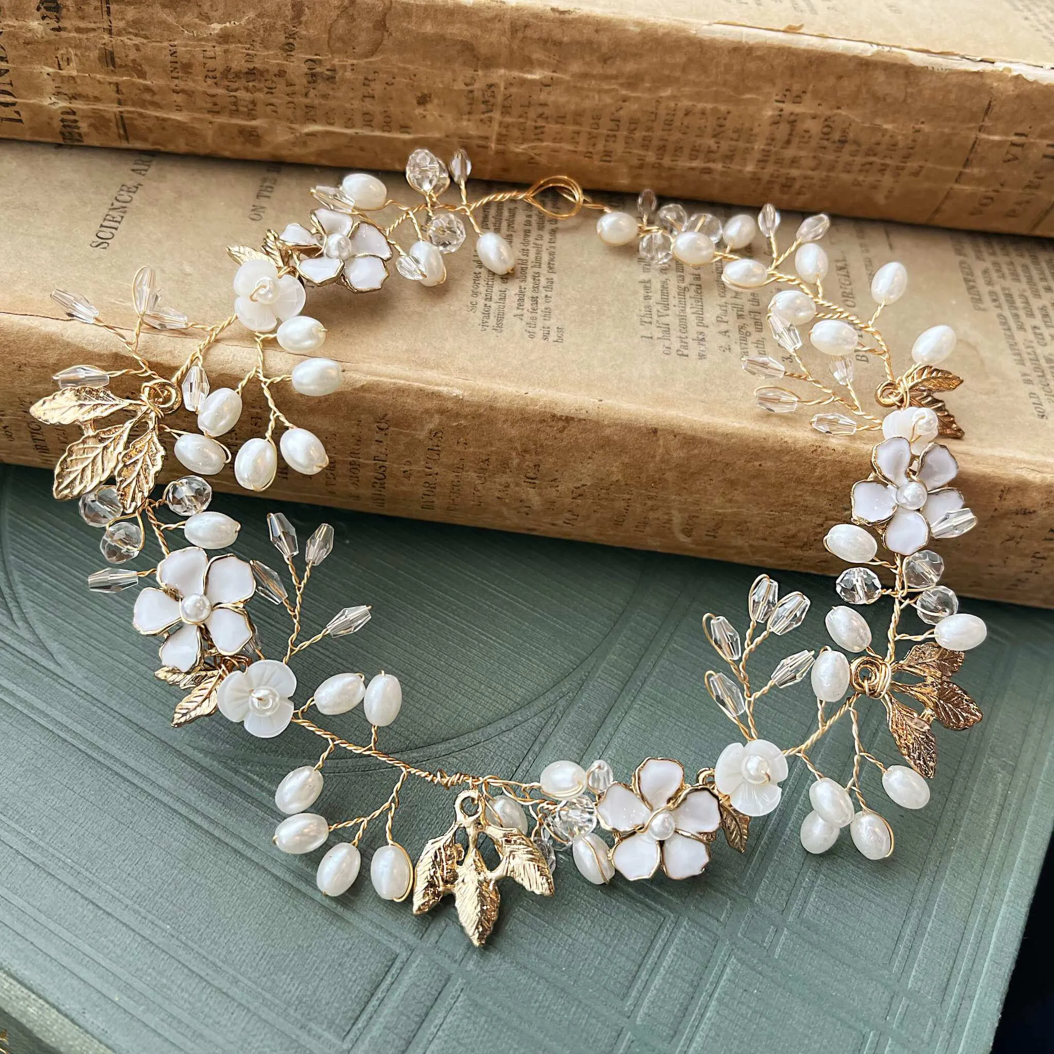 Freja, Floral Pearl Golden Leaf Hair Vine