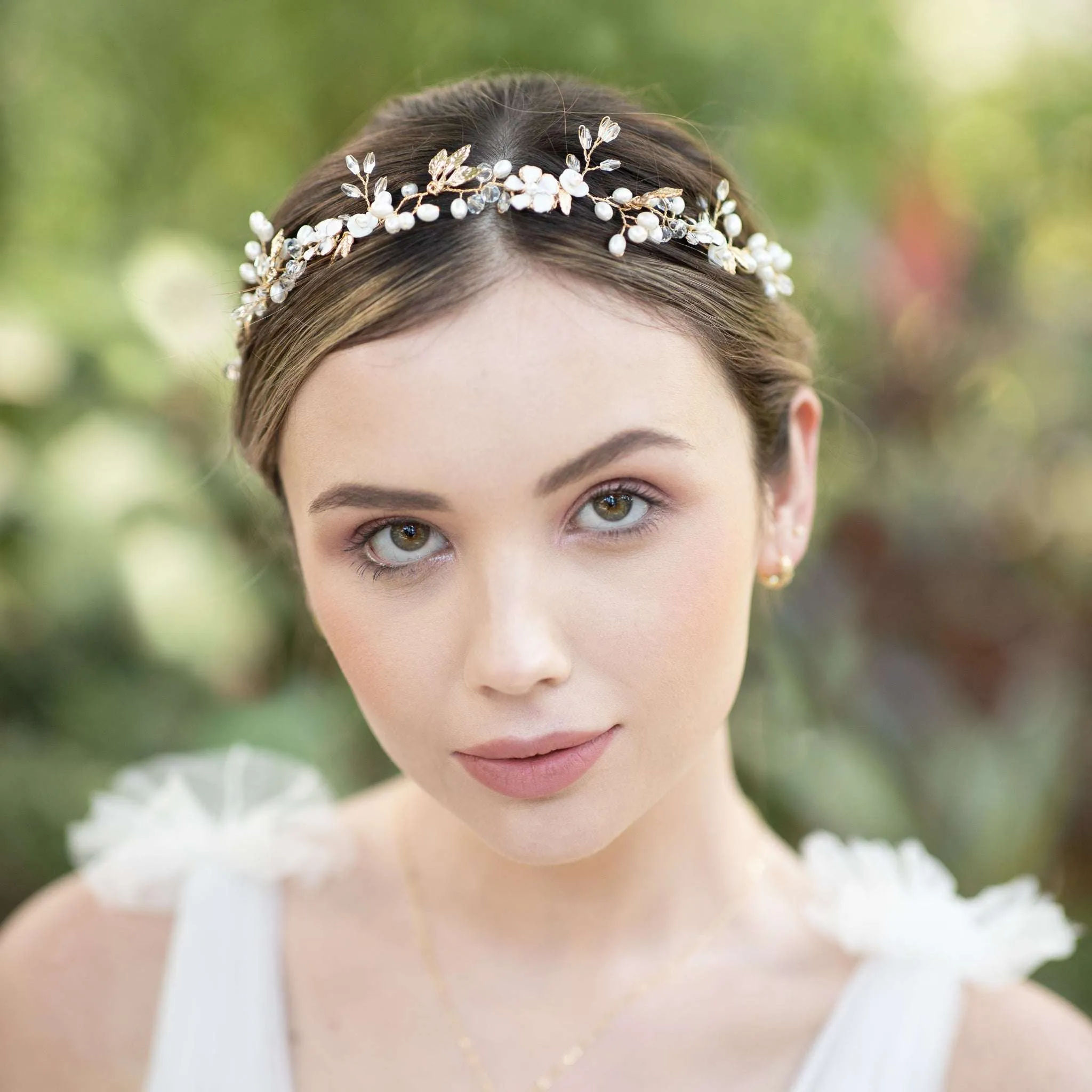 Freja, Floral Pearl Golden Leaf Hair Vine