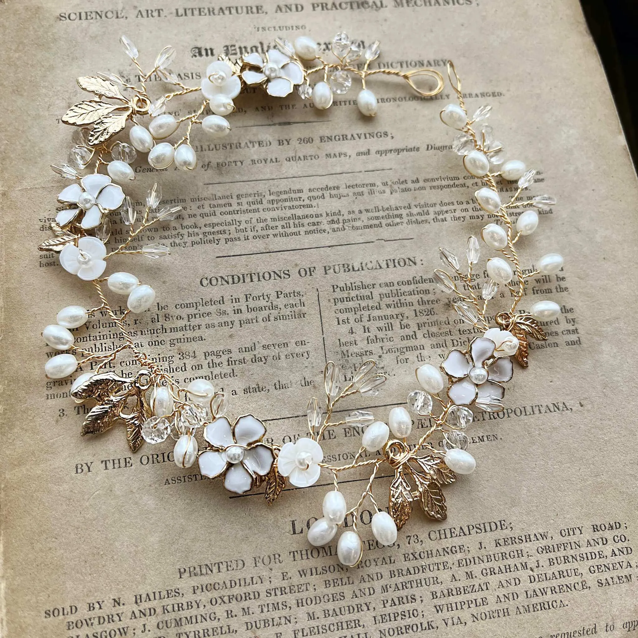 Freja, Floral Pearl Golden Leaf Hair Vine