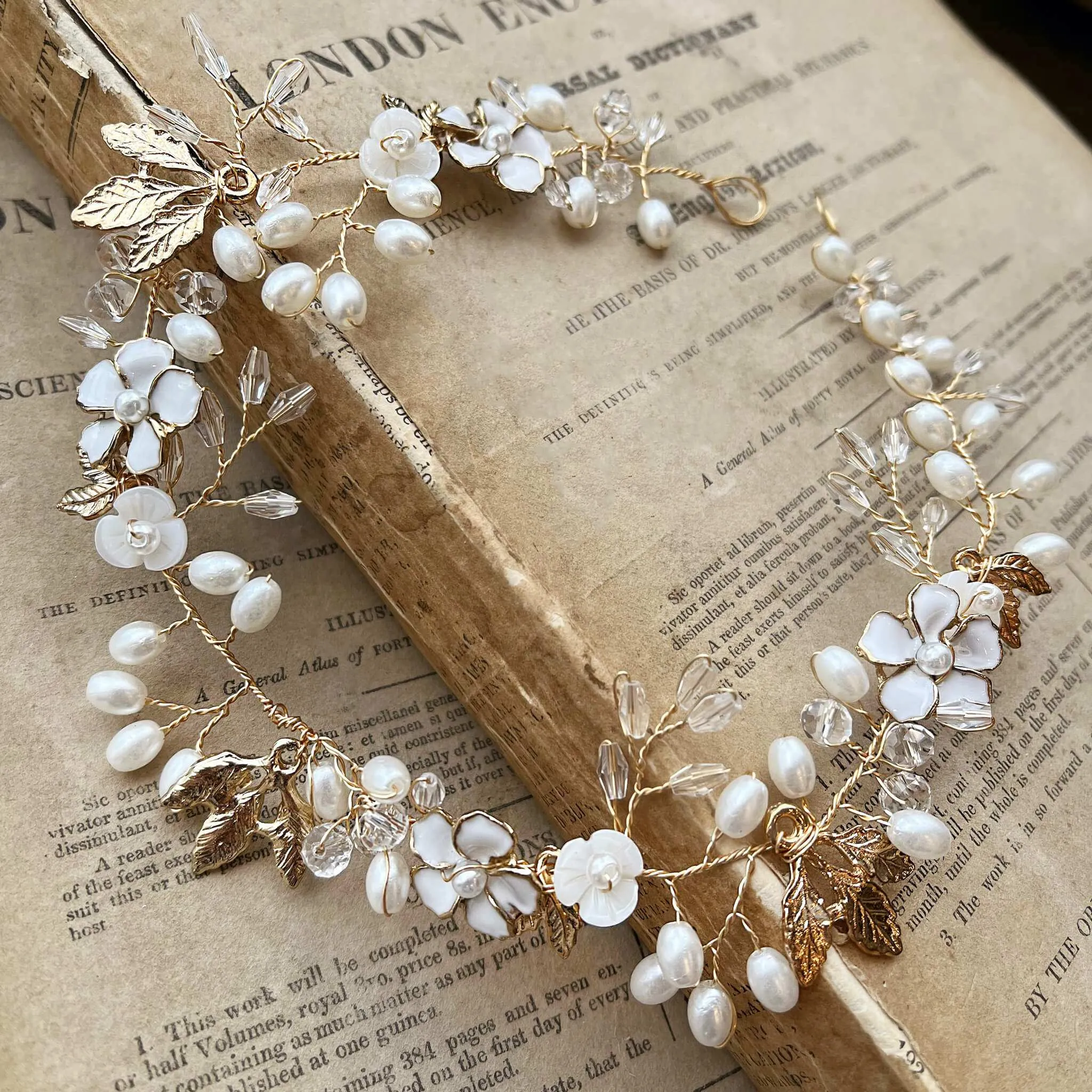 Freja, Floral Pearl Golden Leaf Hair Vine