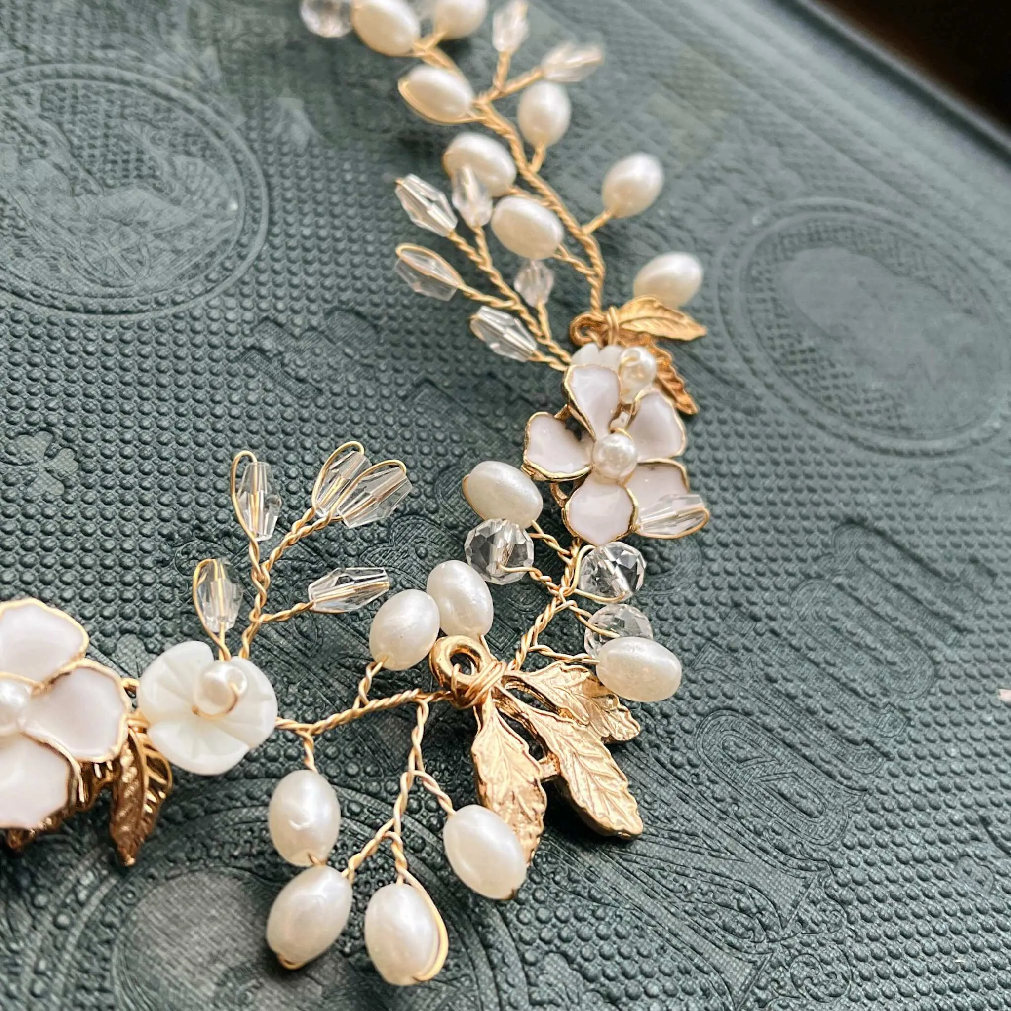 Freja, Floral Pearl Golden Leaf Hair Vine