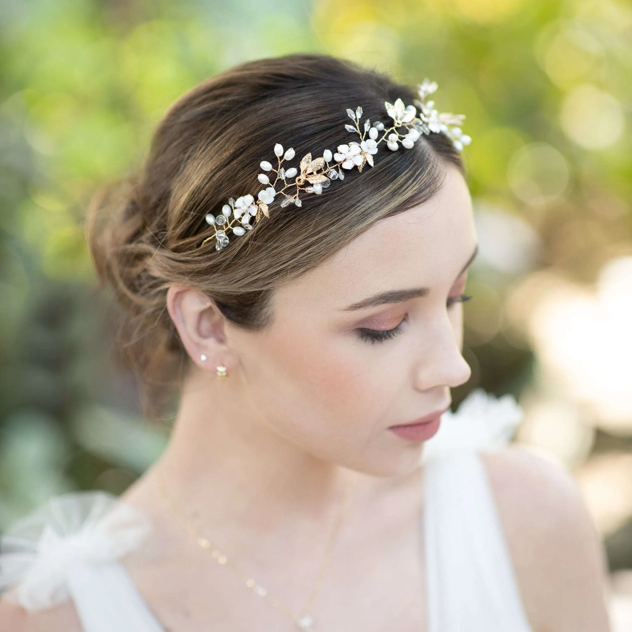 Freja, Floral Pearl Golden Leaf Hair Vine