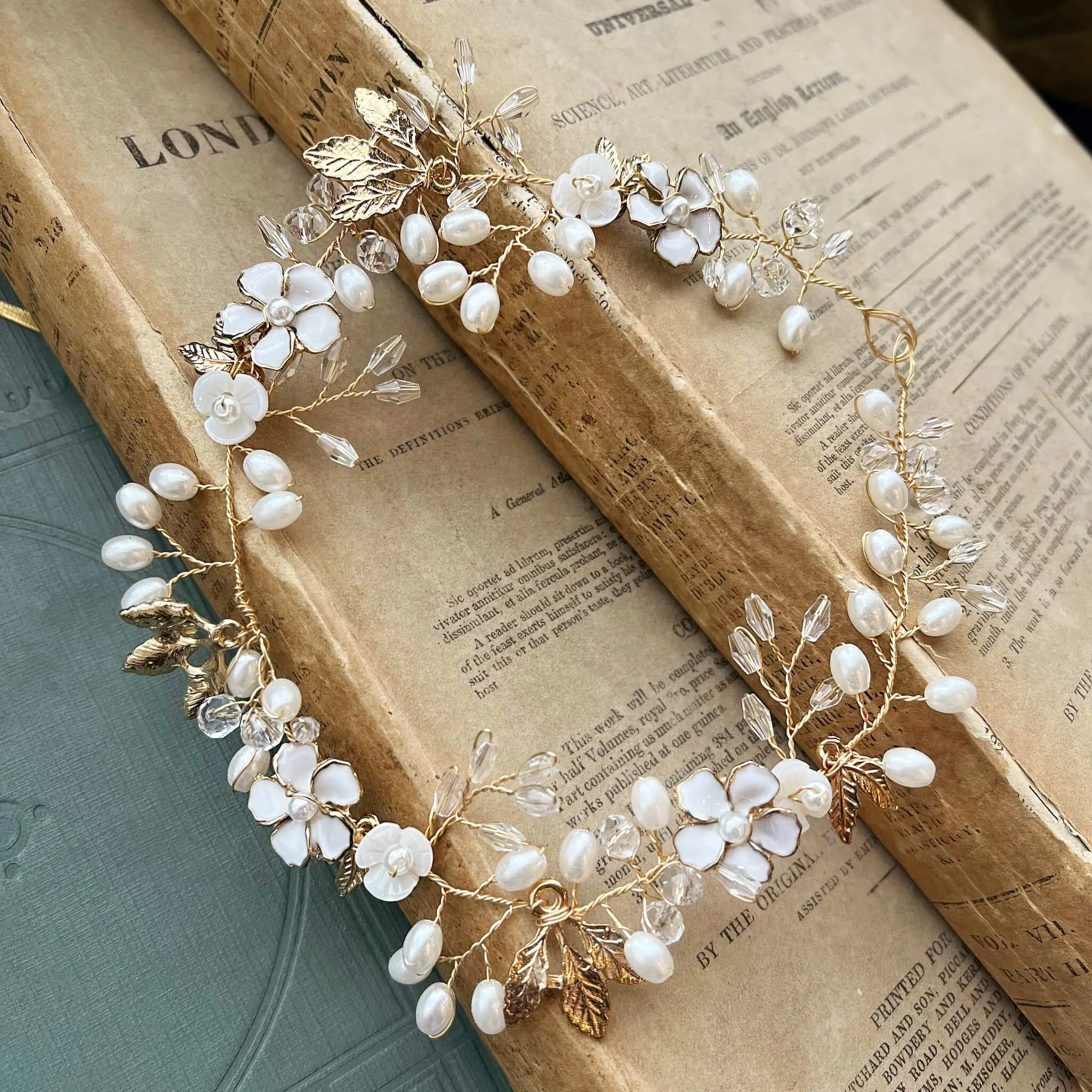 Freja, Floral Pearl Golden Leaf Hair Vine