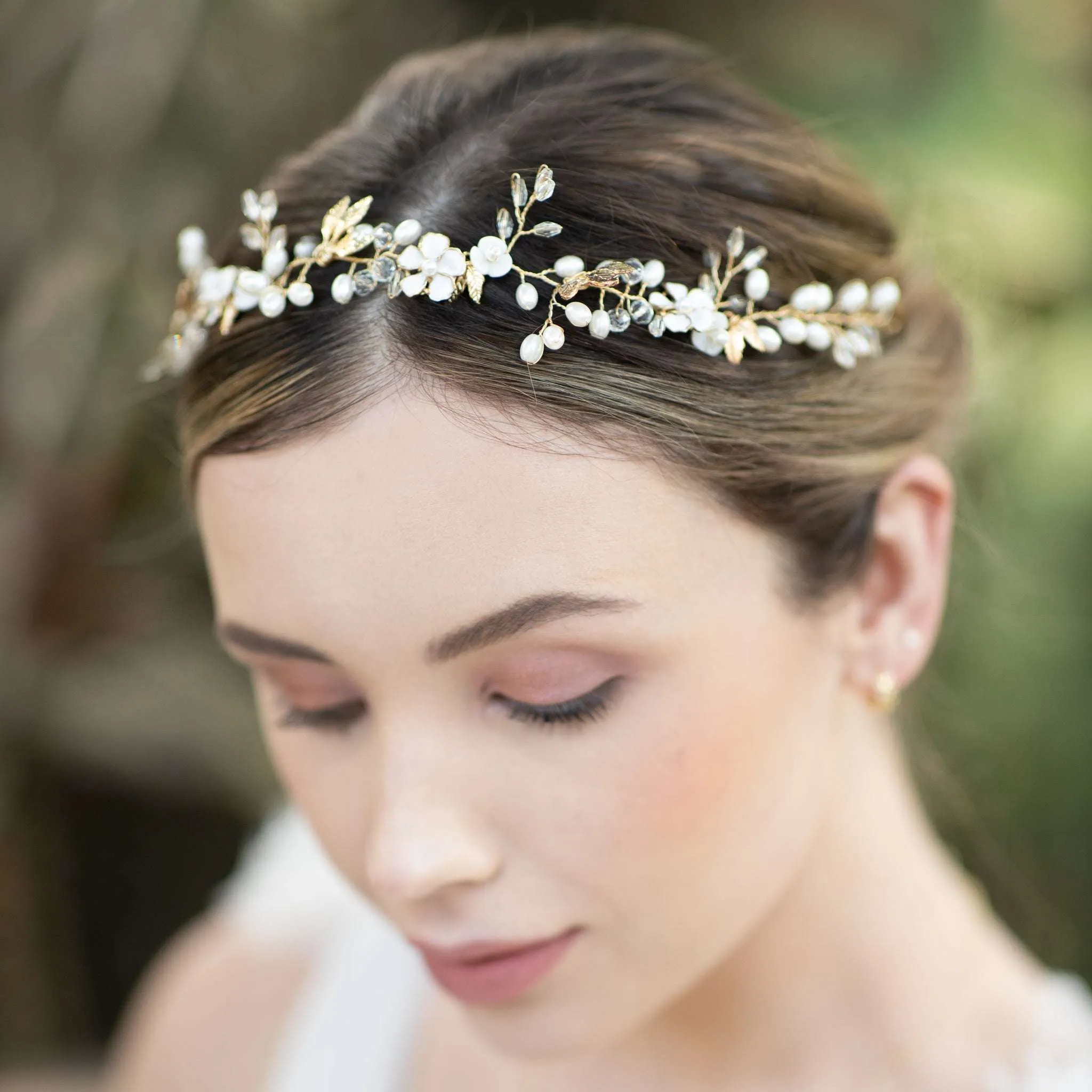 Freja, Floral Pearl Golden Leaf Hair Vine