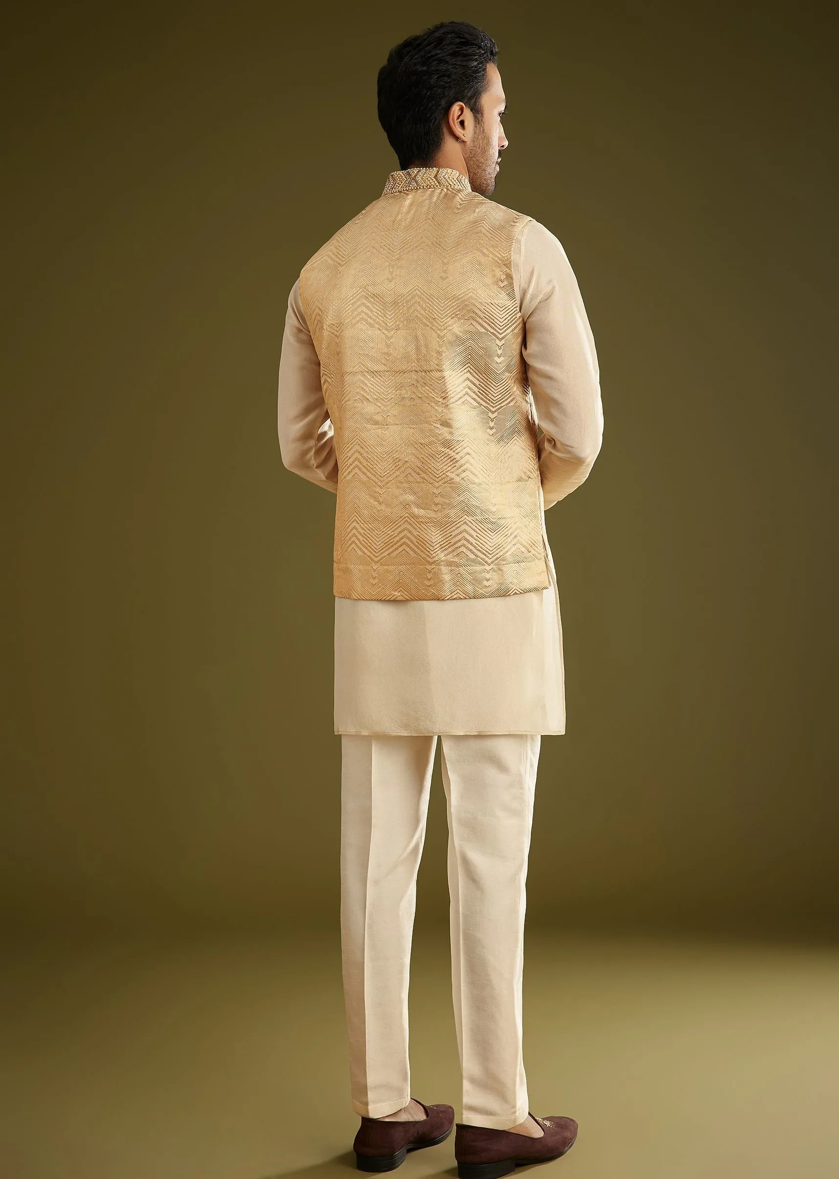 Gold Banarasi Silk Kurta Jacket Set With Hand Work