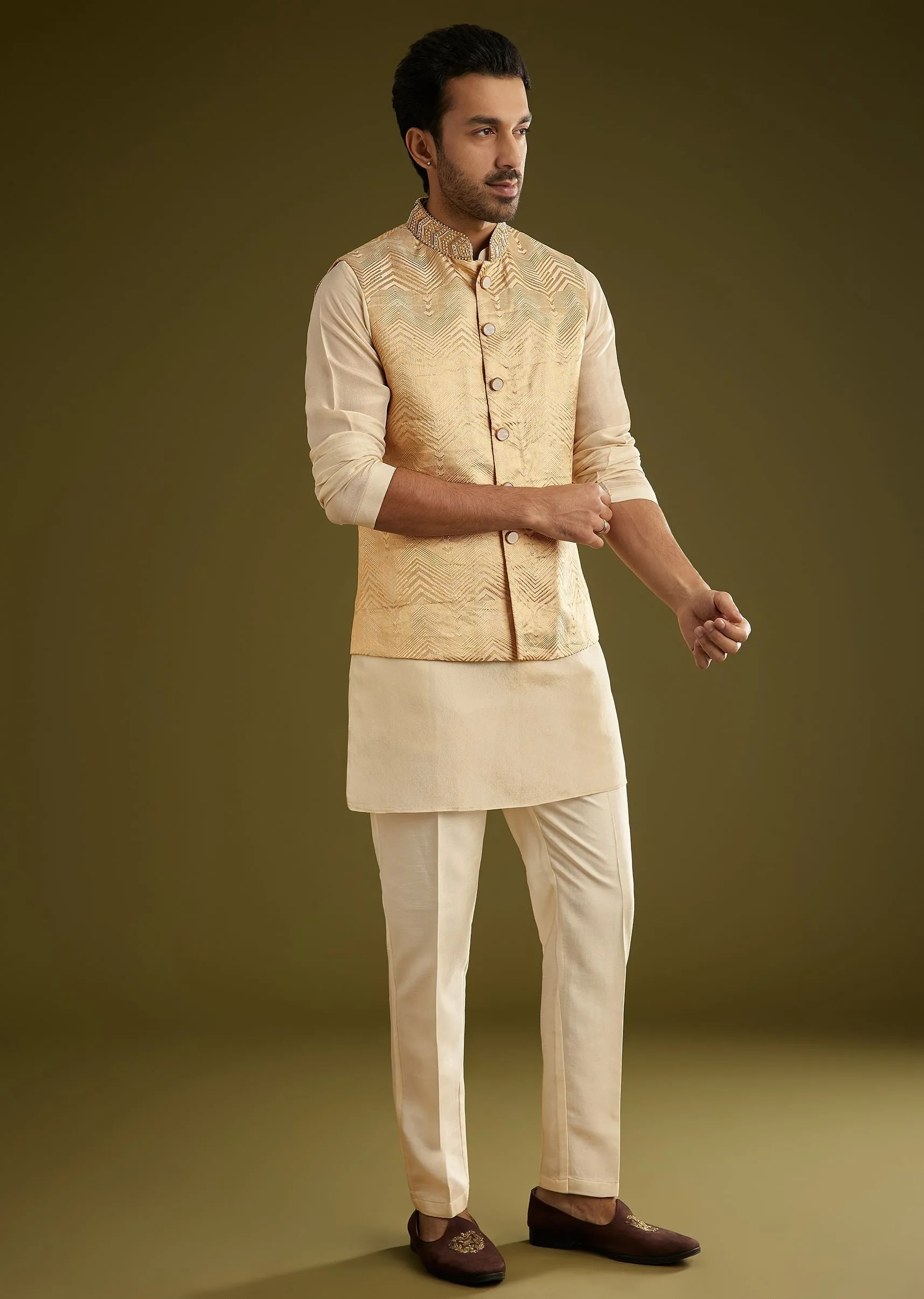 Gold Banarasi Silk Kurta Jacket Set With Hand Work