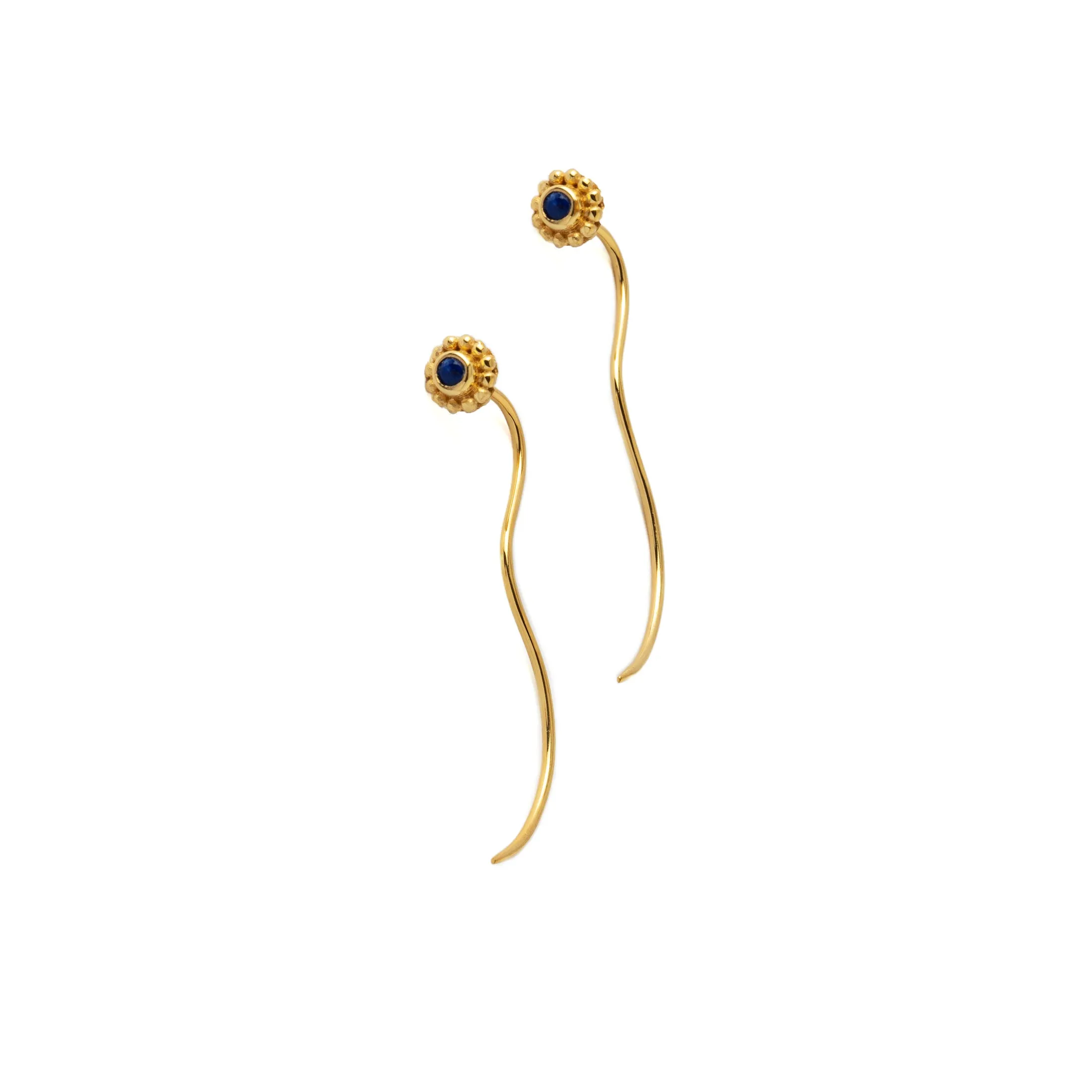 Gold Flower & Lapis Stem Earrings