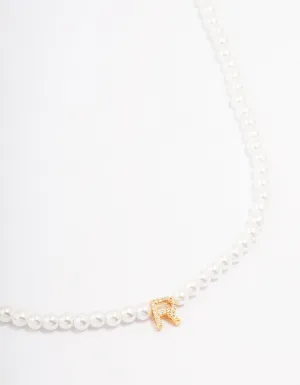 Gold Plated Letter R Initial & Pearl Pendant Necklace