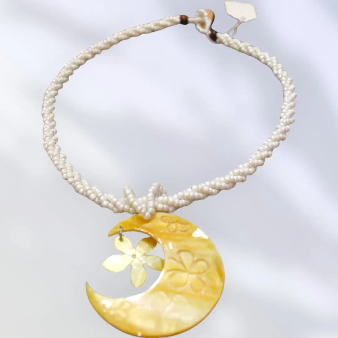 Hawaiian Style Beaded Shell Necklace –  Crescent Moon Motif