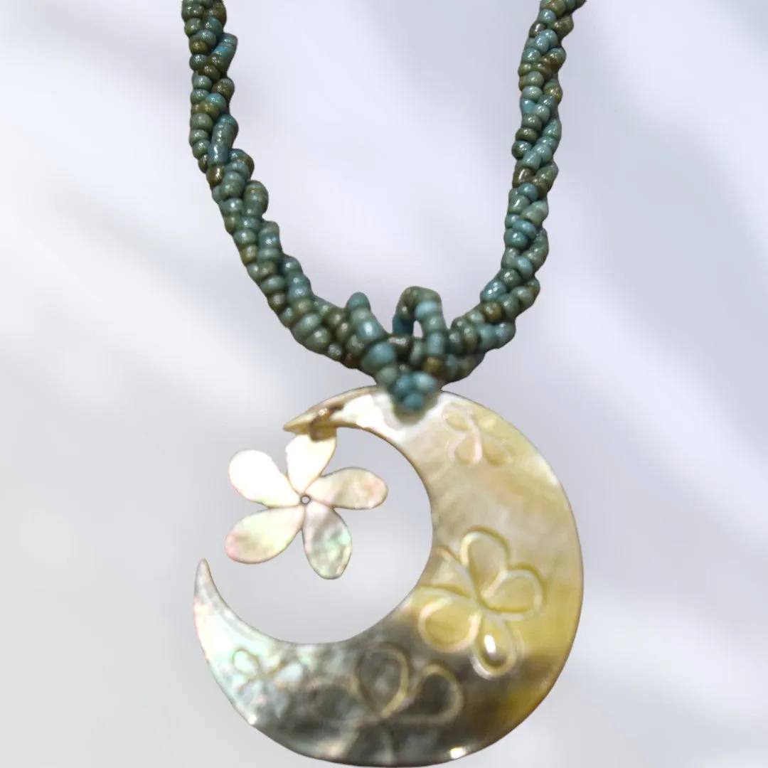 Hawaiian Style Beaded Shell Necklace –  Crescent Moon Motif