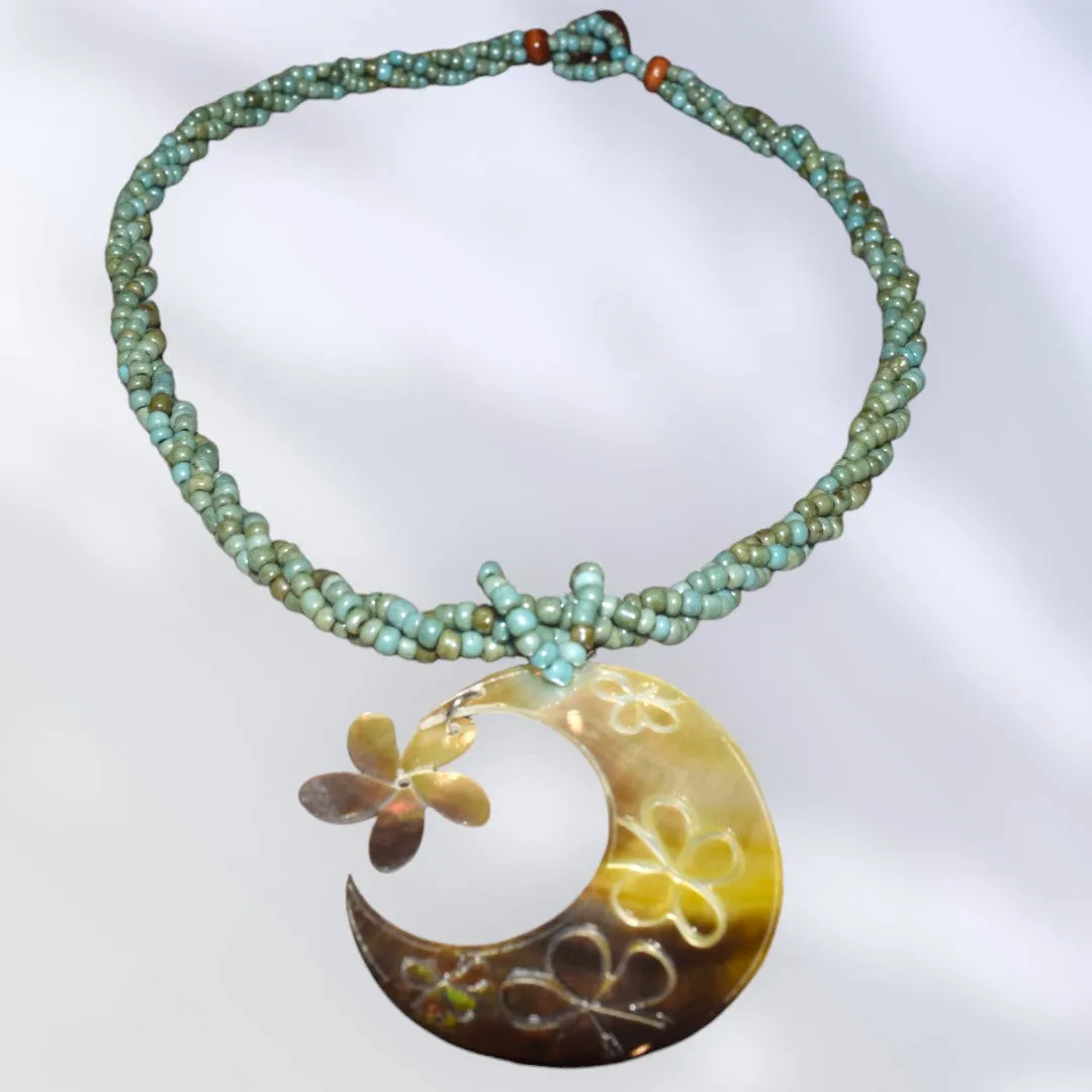 Hawaiian Style Beaded Shell Necklace –  Crescent Moon Motif