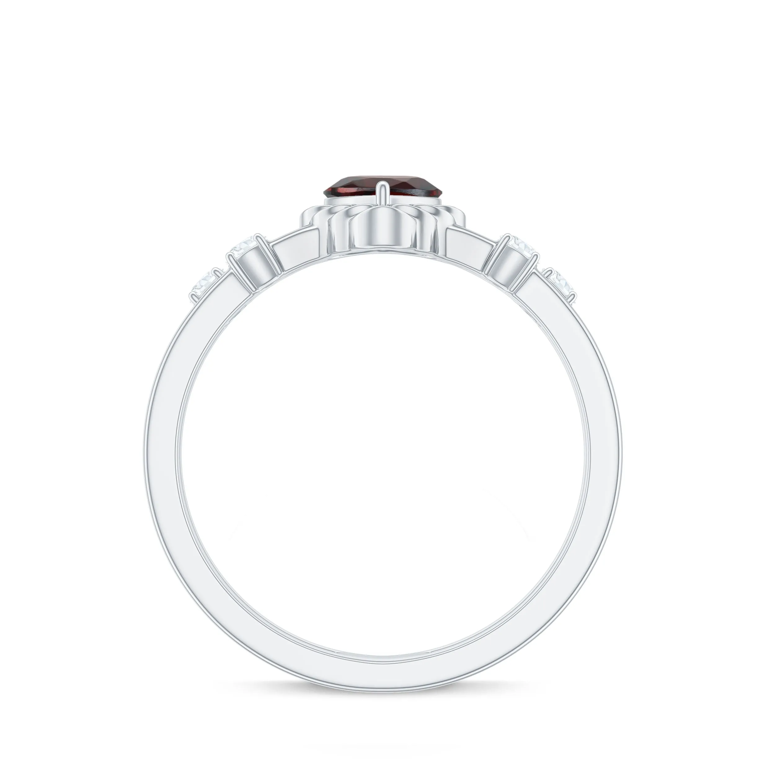 Heart Garnet Double Band Engagement Ring with Diamond