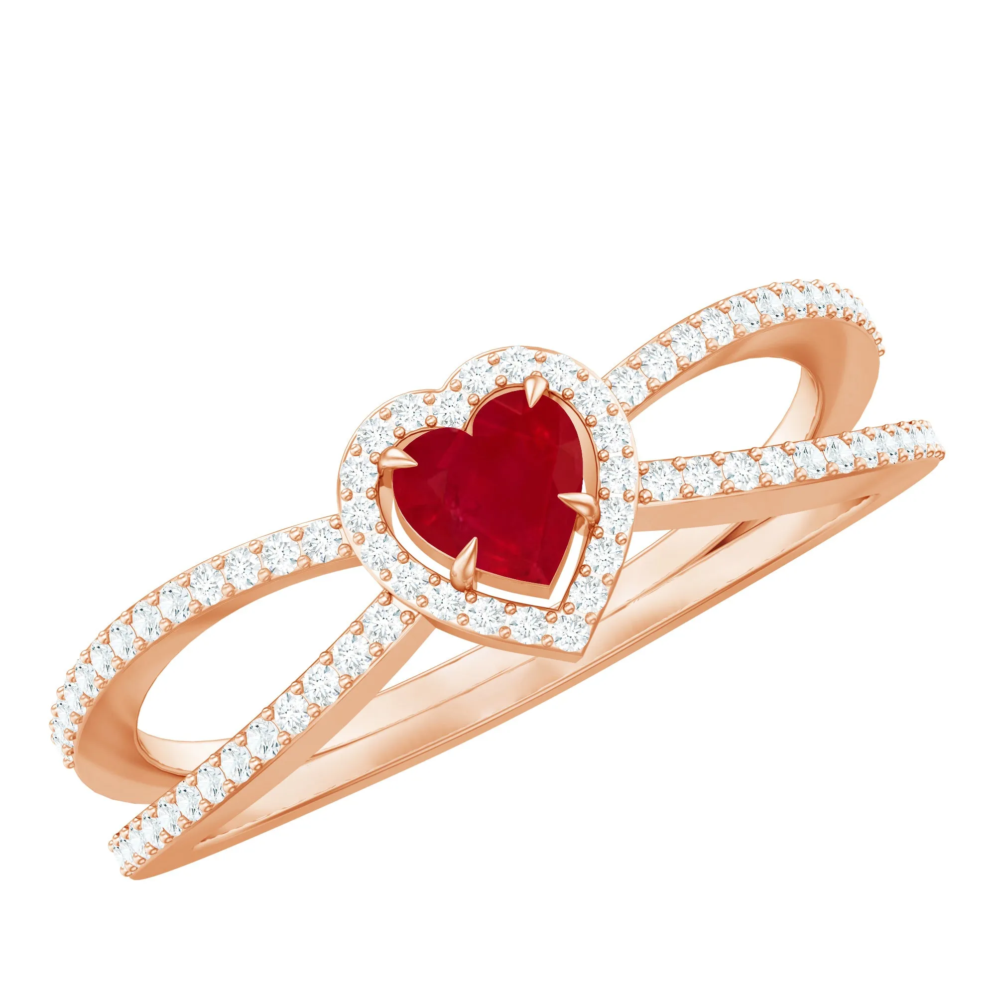 Heart Ruby Split Shank Engagement Ring with Diamond Accent