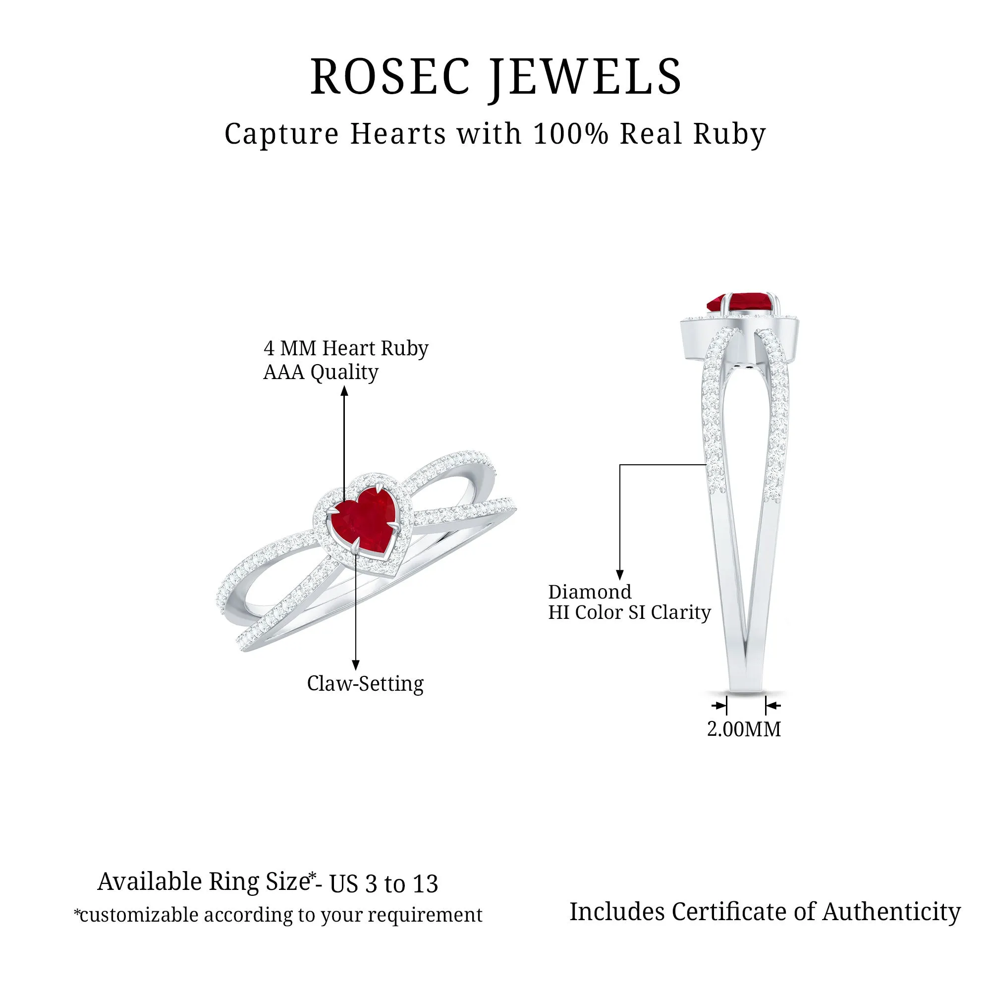 Heart Ruby Split Shank Engagement Ring with Diamond Accent