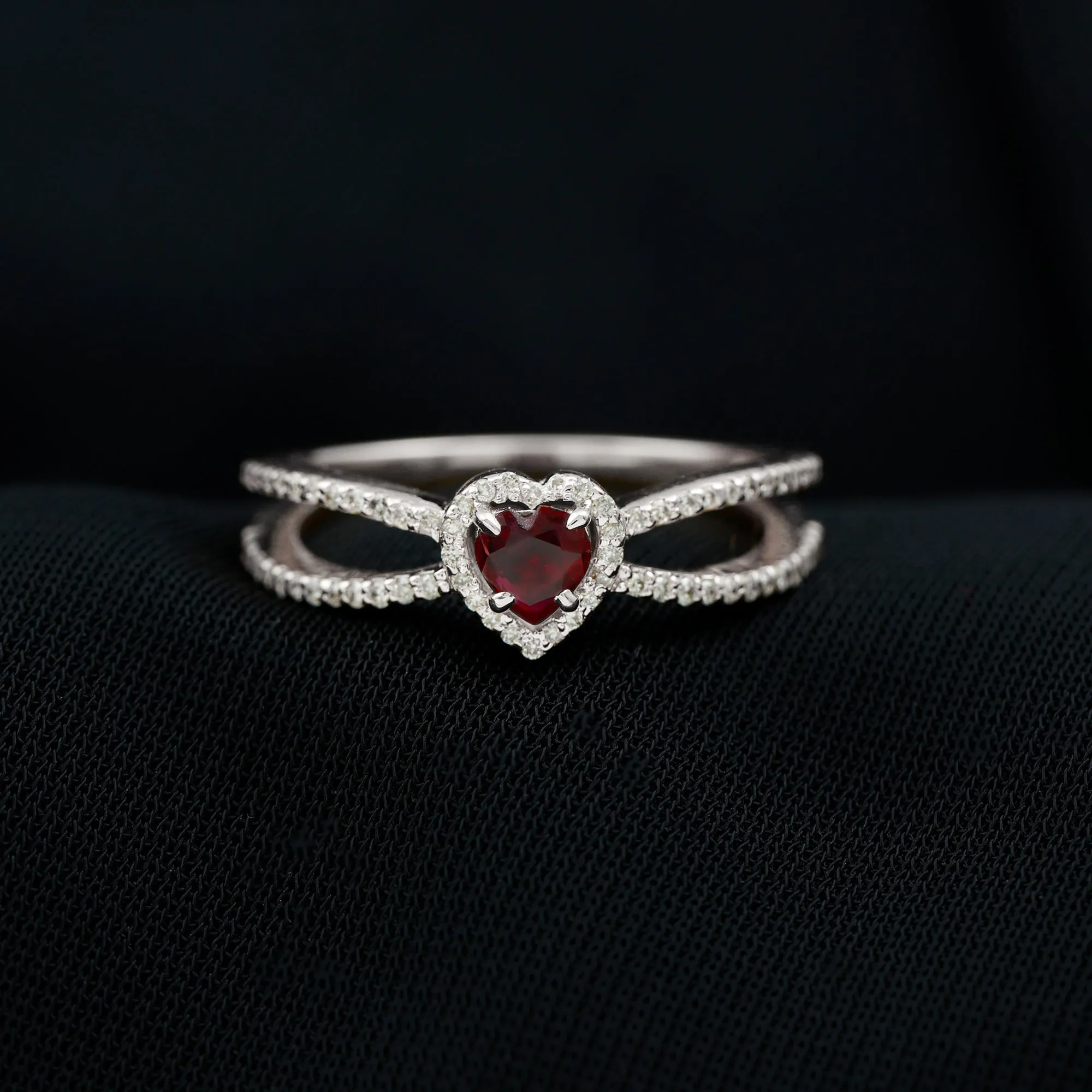 Heart Ruby Split Shank Engagement Ring with Diamond Accent