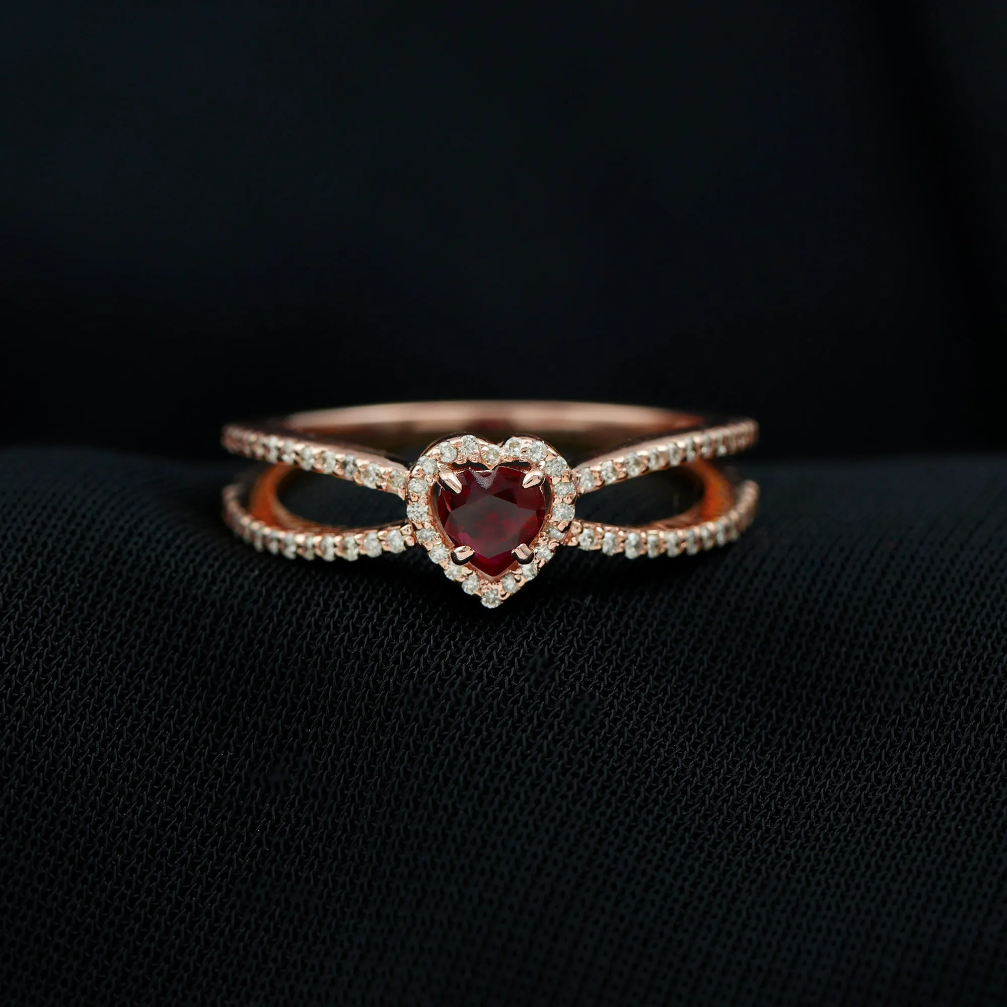 Heart Ruby Split Shank Engagement Ring with Diamond Accent