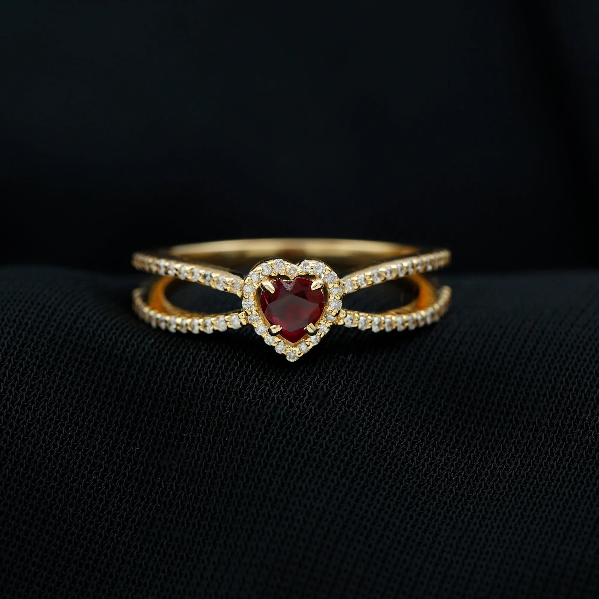 Heart Ruby Split Shank Engagement Ring with Diamond Accent