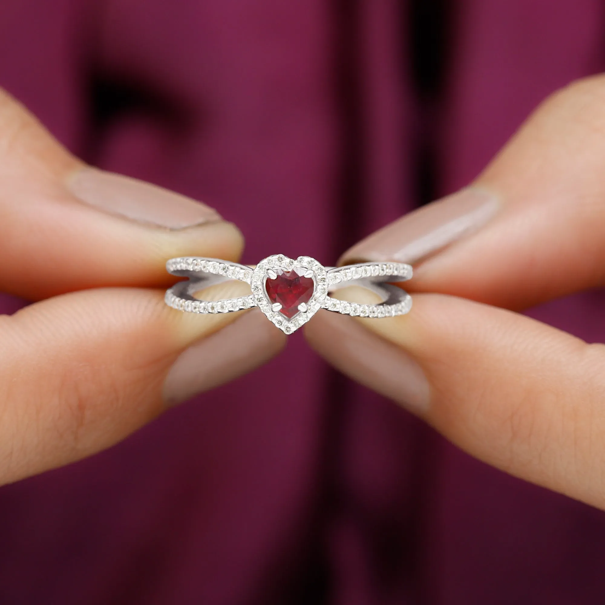 Heart Ruby Split Shank Engagement Ring with Diamond Accent