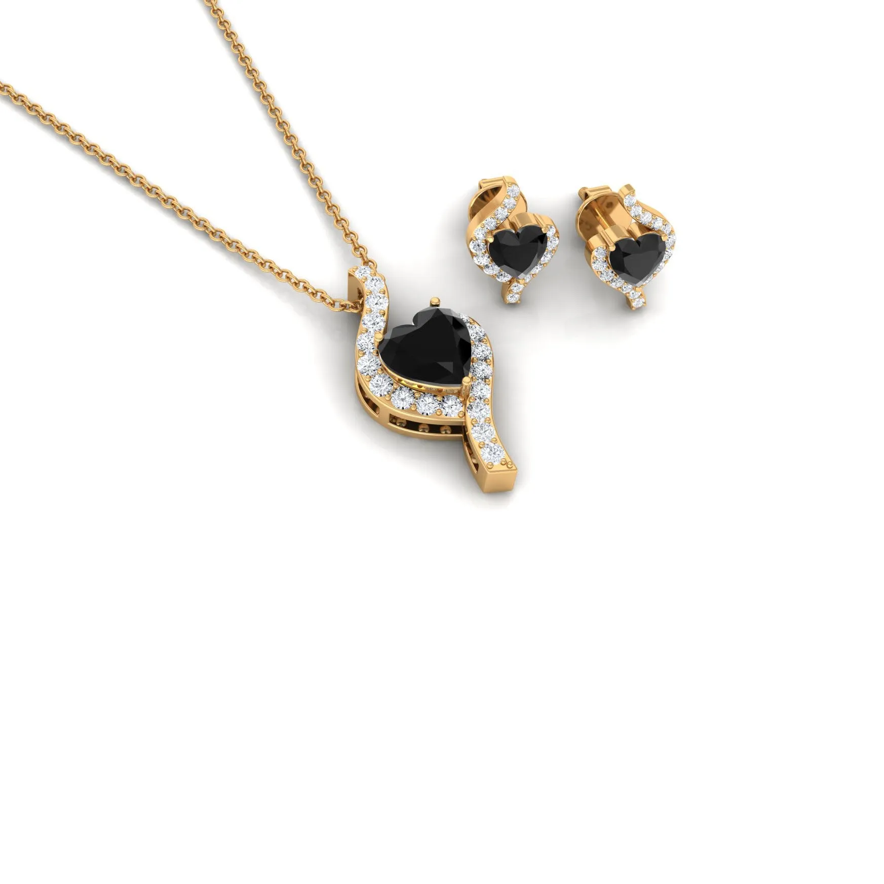 Heart Shape Black Onyx and Diamond Jewelry Set