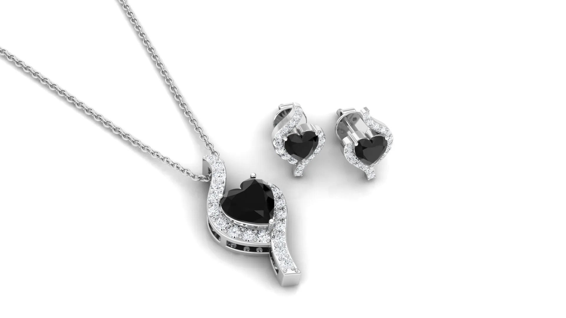 Heart Shape Black Onyx and Diamond Jewelry Set