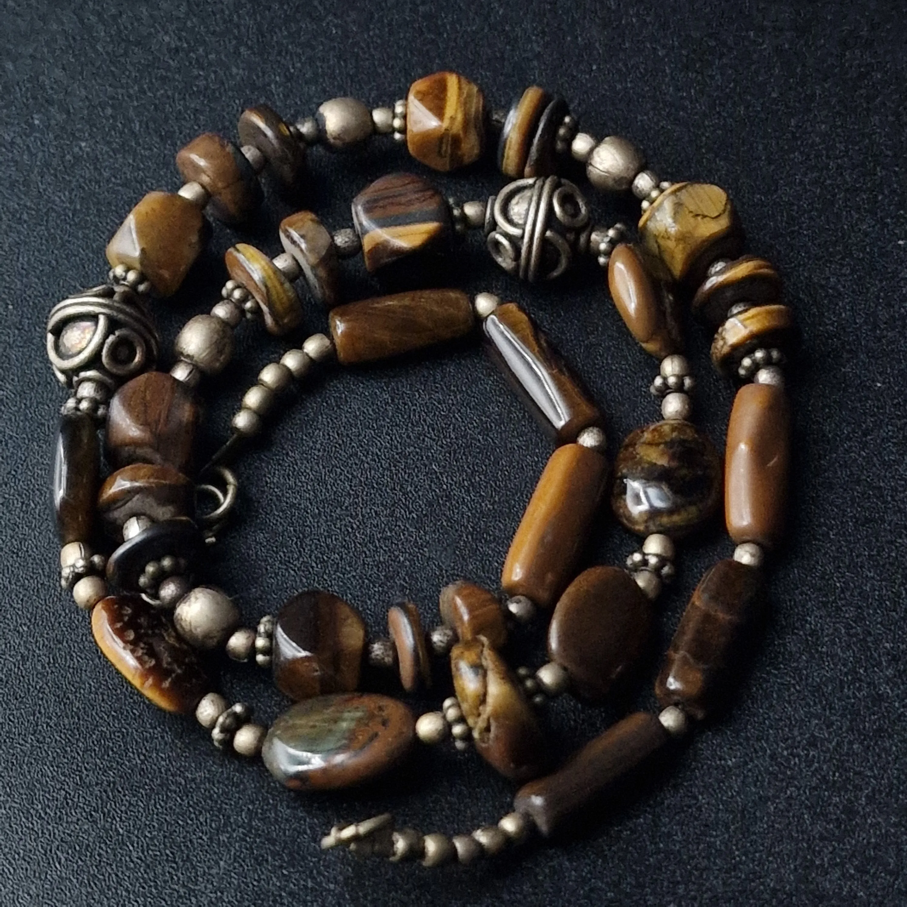 Intricate Handmade Ethnic Beaded Tiger Eye Silver Necklace