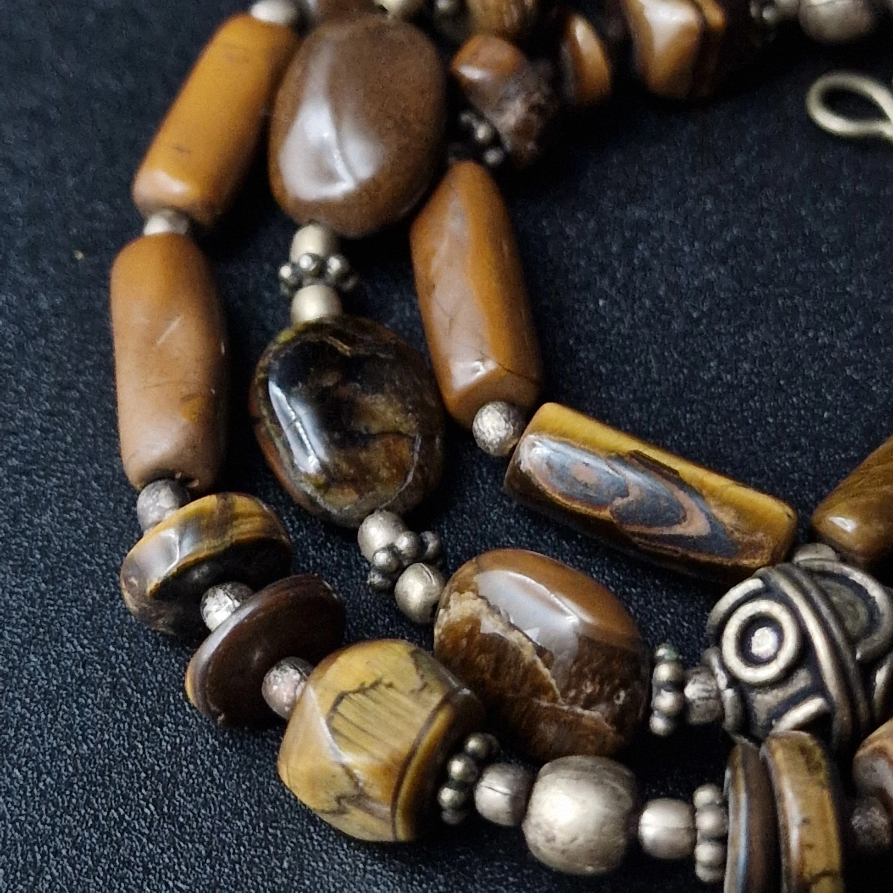Intricate Handmade Ethnic Beaded Tiger Eye Silver Necklace