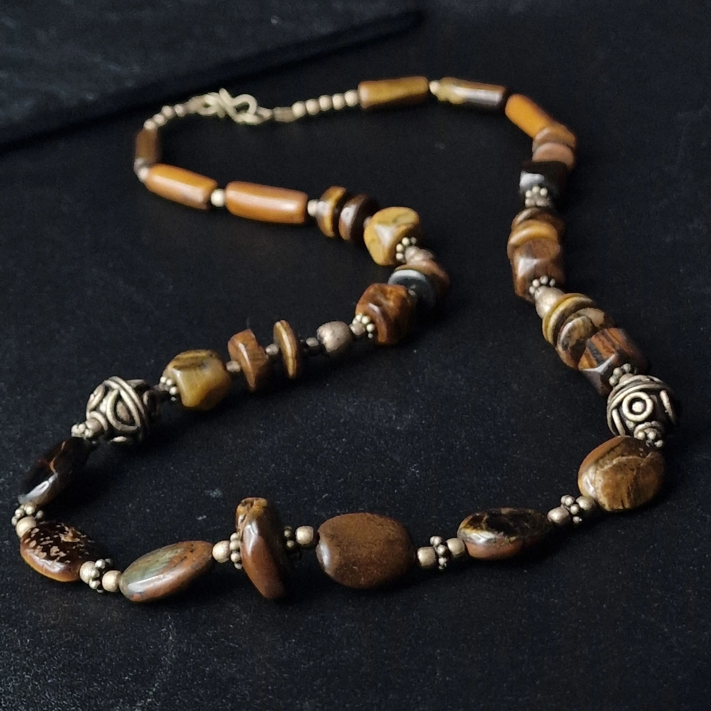Intricate Handmade Ethnic Beaded Tiger Eye Silver Necklace