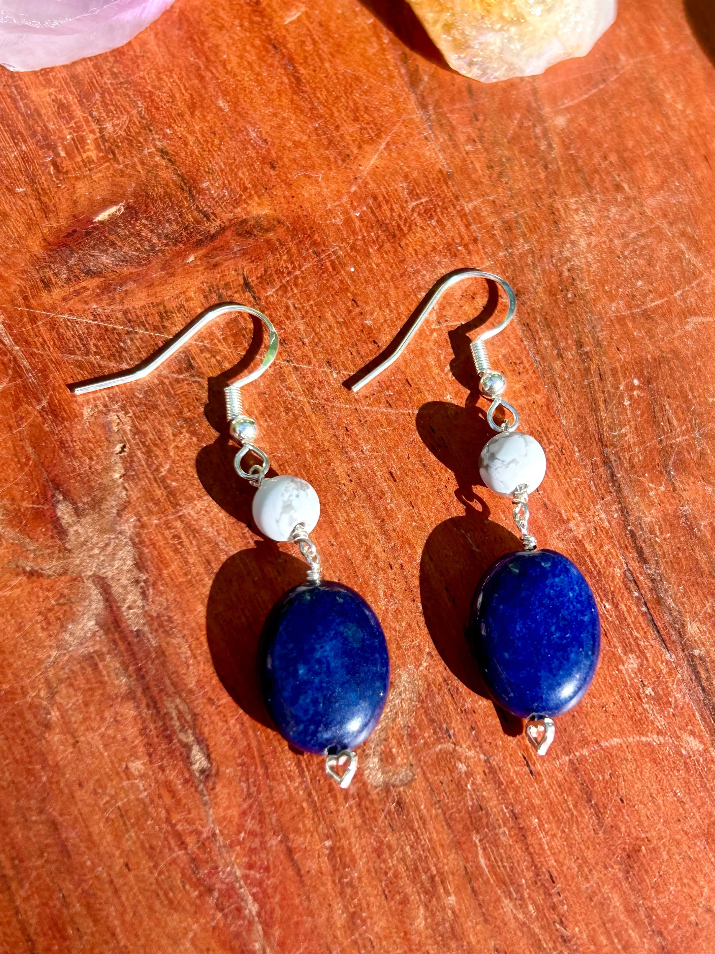 Lapis Lazuli & White Howlite Gemstone Sterling Silver Dangly Earrings