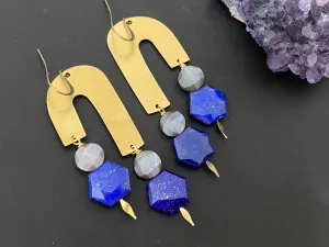 Lapis lazuli earrings - brass geometric earrings - statement earrings - Gifts for women - gemstone dangles