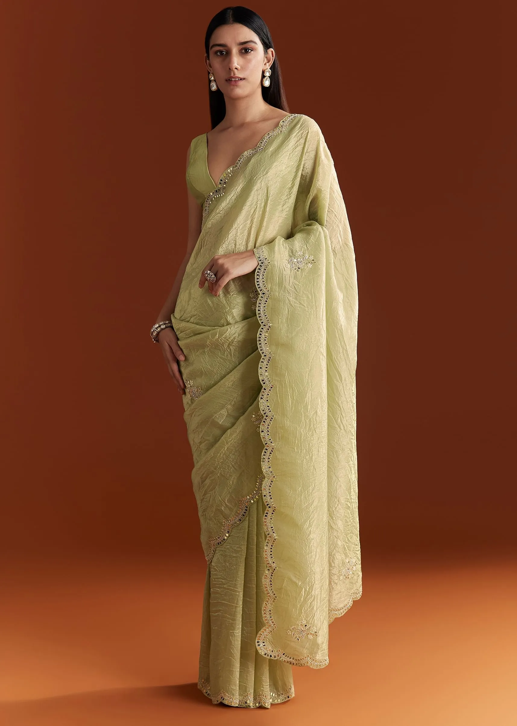 Light Green Tissue Zardosi Saree With Scallop Border