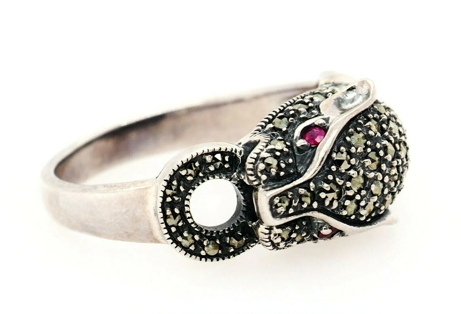 Marcasite & Ruby Panther 925 Sterling Silver Ring